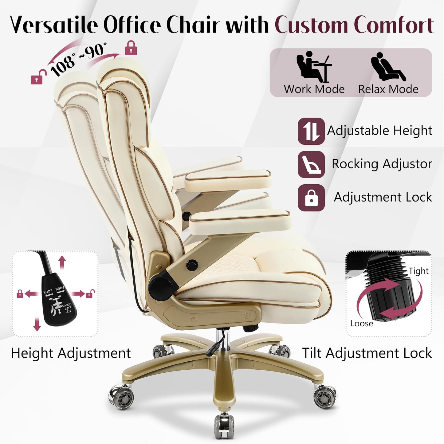 Furnistyle Big and Tall Office Chair 500lbs,5D Armrests Heavy Duty Executive Leather Chair with Comfortable Seat, Adjustable Lumbar, High Back, Large Computer Desk Chair for Home Office, Beige