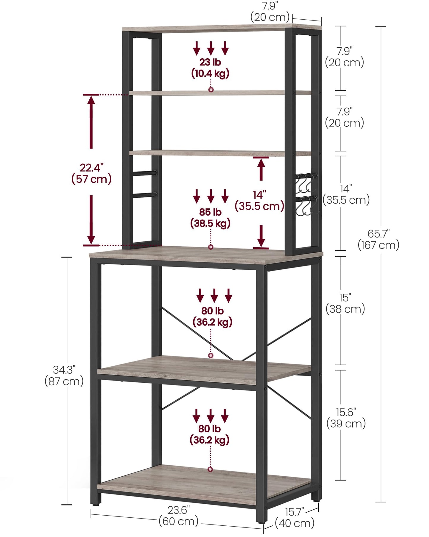 VASAGLE Coffee Bar, 23.6 Inches Baker's Rack for Kitchen with Storage, 6-Tier Kitchen Shelves with 6 Hooks, Microwave Stand, Industrial, Heather Greige and Ink Black UKKS024B02