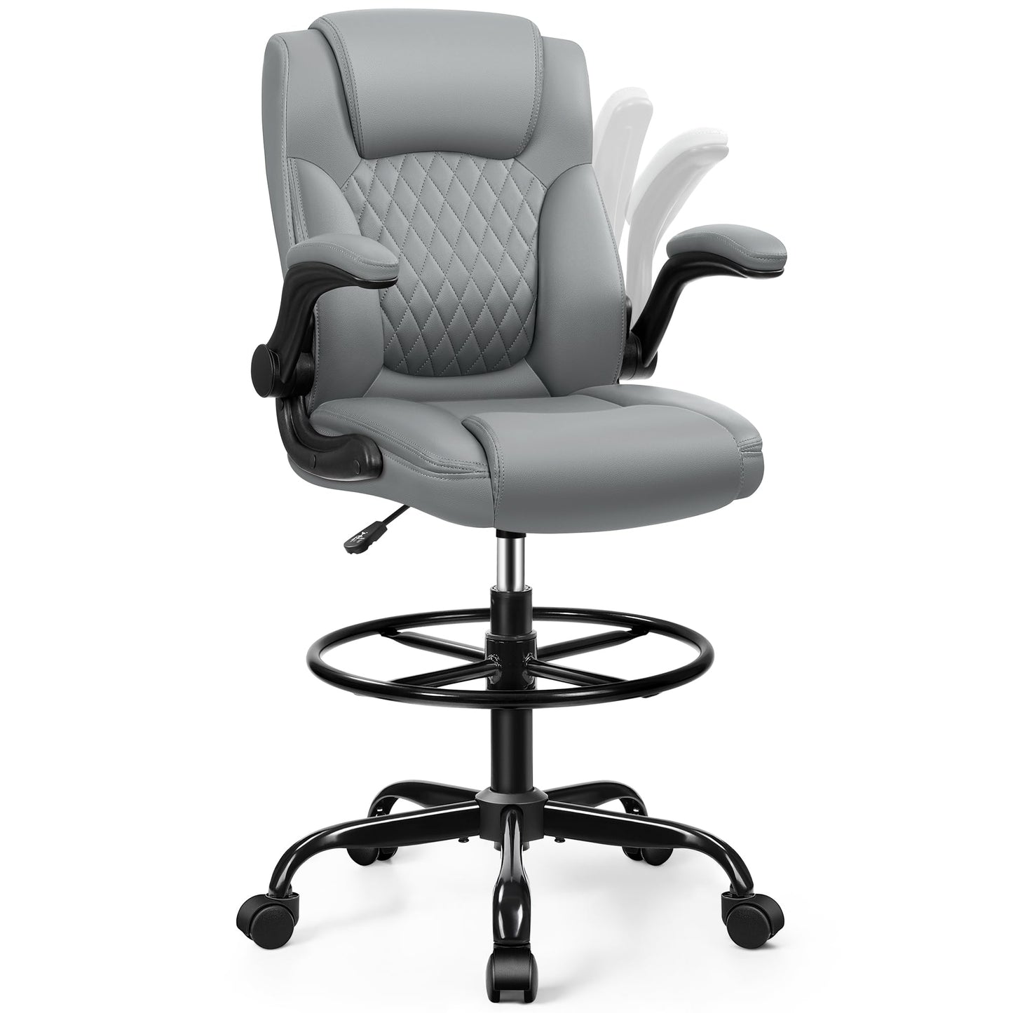 Drafting Chair, Tall Office Chair for Standing Desk, High Executive Leather Ergonomic Computer Chair with Adjustable Height and Flip-Up Armrest for Counter Height Desk, Grey, Pack of 1