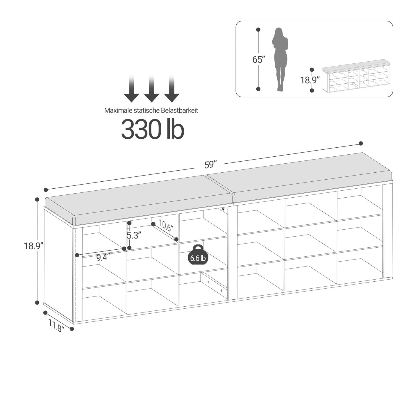 Hzuaneri Shoe Storage Bench with Cushion, Entryway Storage Bench with 18 Cubbies, 9.5" Widened Organizer Cabinet, Long Cubby Rack for Living Room, Bedroom, Entryway, Black SB25704GY
