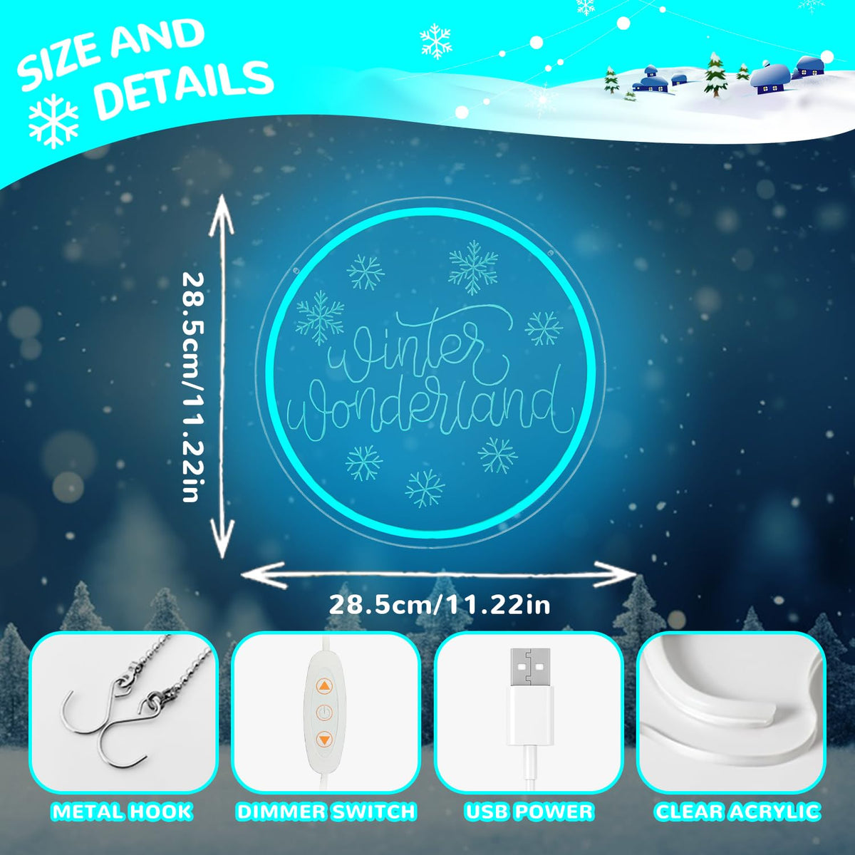 hhuohuona Winter Wonderland Neon Sign Dimmable Christmas Winter Led Sign Snowflake Neon Lights Ice Blue Holiday Winter Christmas Wall Decor for Home Office