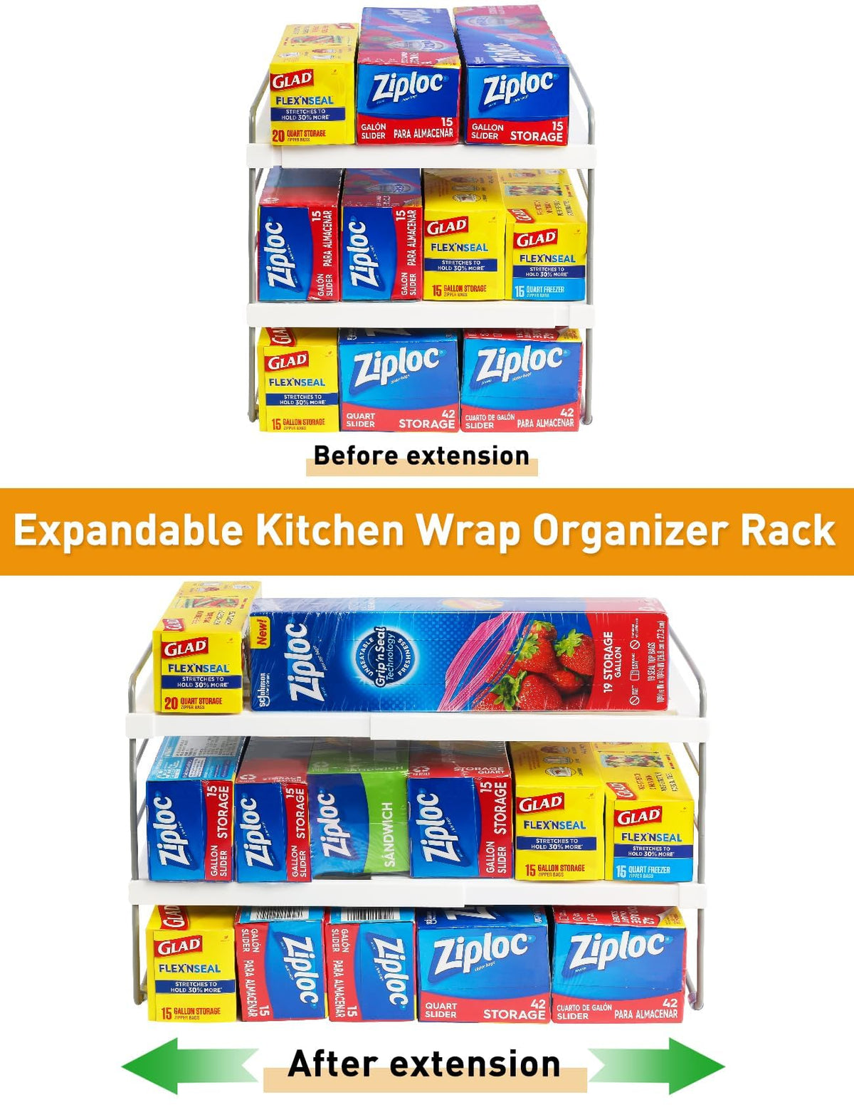 JUPELI Foil and Plastic Wrap Organizer, Expandable Kitchen Pantry Storage, Height Adjustable Cabinet Rack for Kitchen Organization, Aluminum Foil -3 Tier 9.8" to 15.6"L