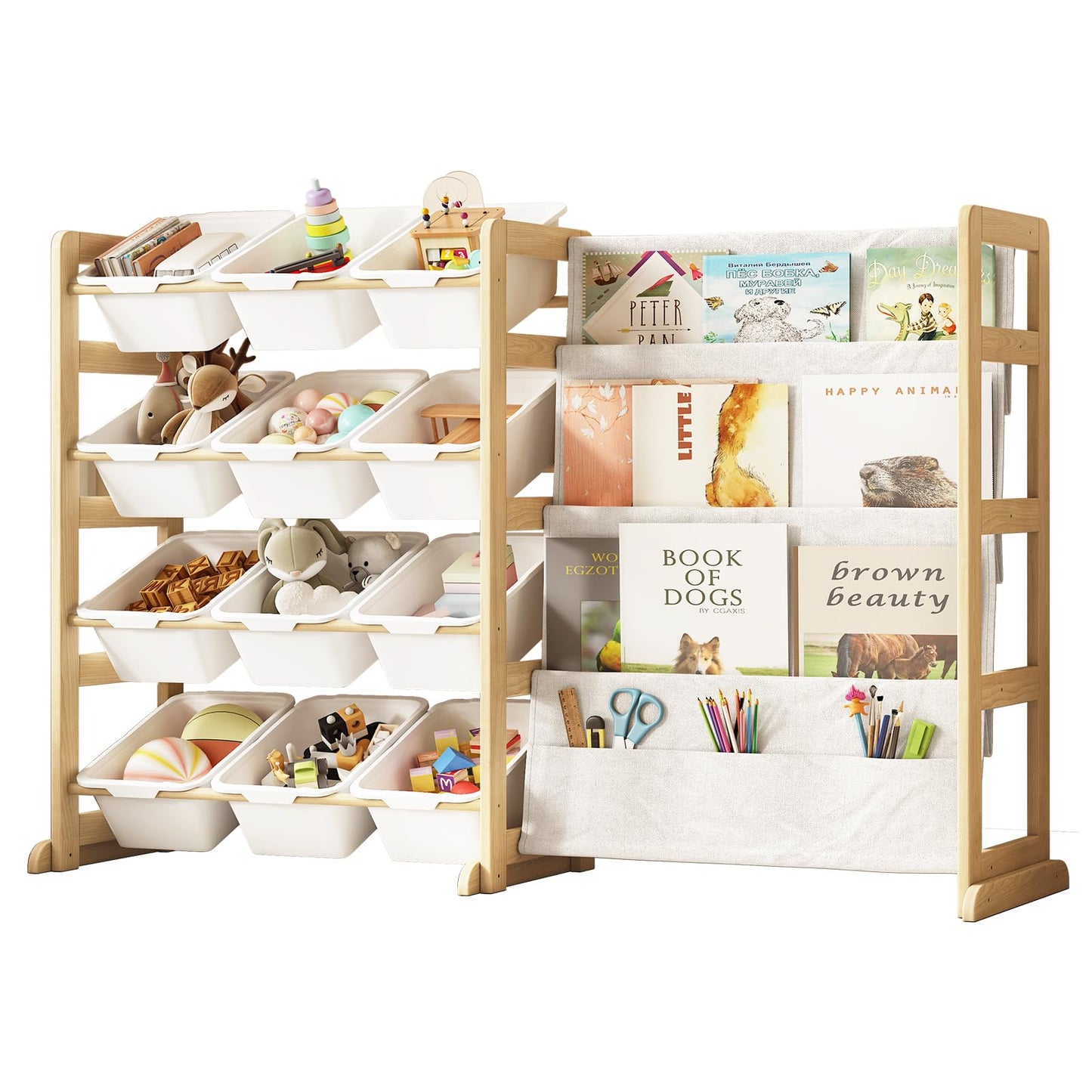 EXPERLAM Toy Storage Organizer with Bookshelf, Kids Toy Organizer and Storage Shelf with 12 White Bins, Solid Pine Wood Book Rack for Playroom, Nursery, Kids Room, Toys and Books