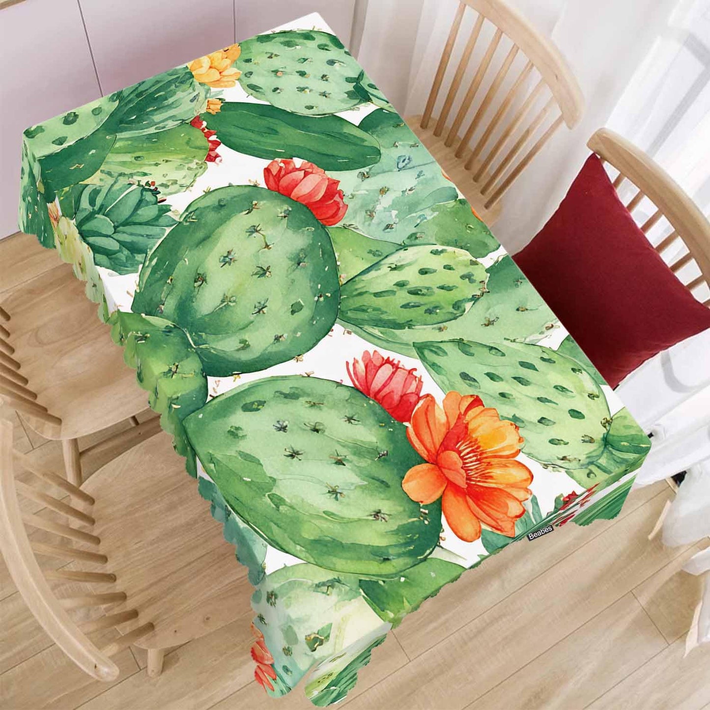 Beabes Cactus Green Rectangular Tablecloth 70" x 52" for Indoor & Outdoor Use, Polyester, Wrinkle Resistant, Fits Tables Seating 4-6