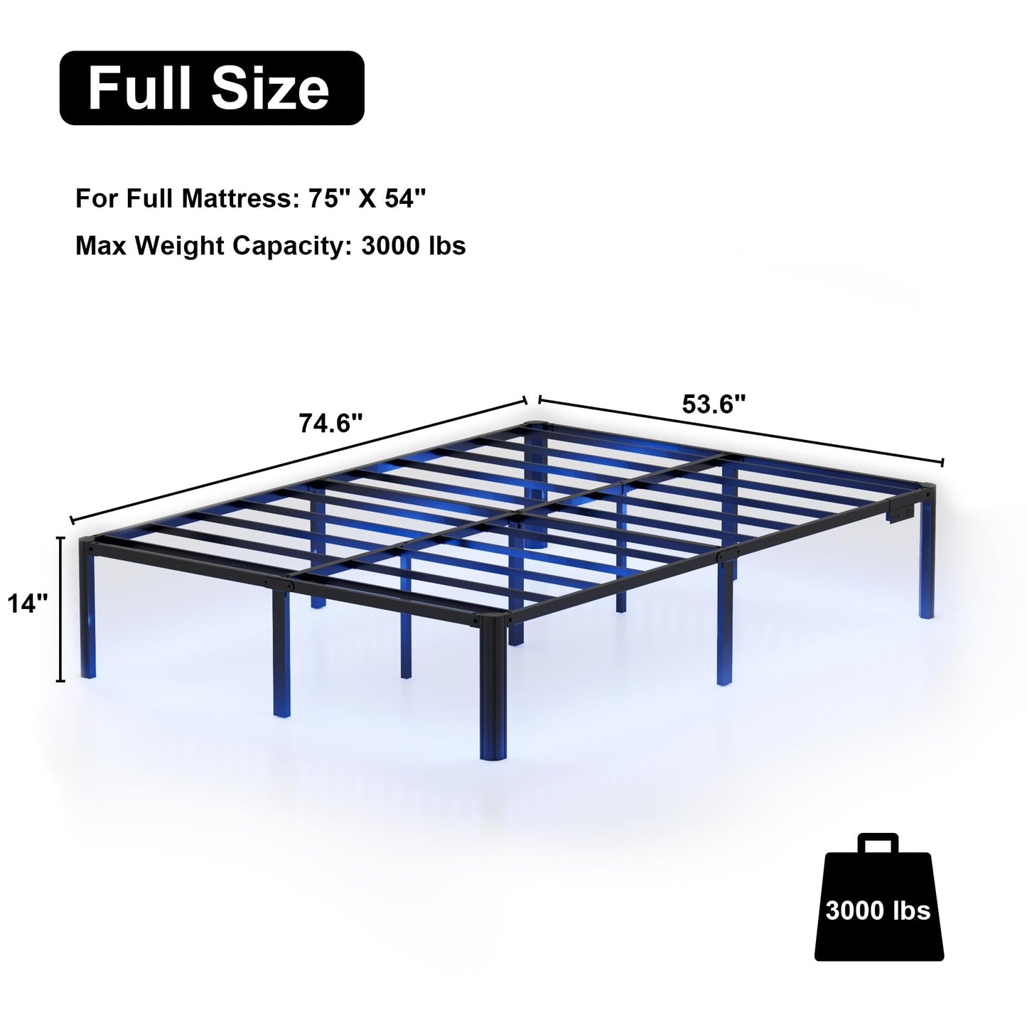 DORITRON Full Size Bed Frame with Led Lights, 14 inch Heavy Duty Metal Platform Bed Frame Full Size with Charging Station, No Box Spring Needed, Noise-Free