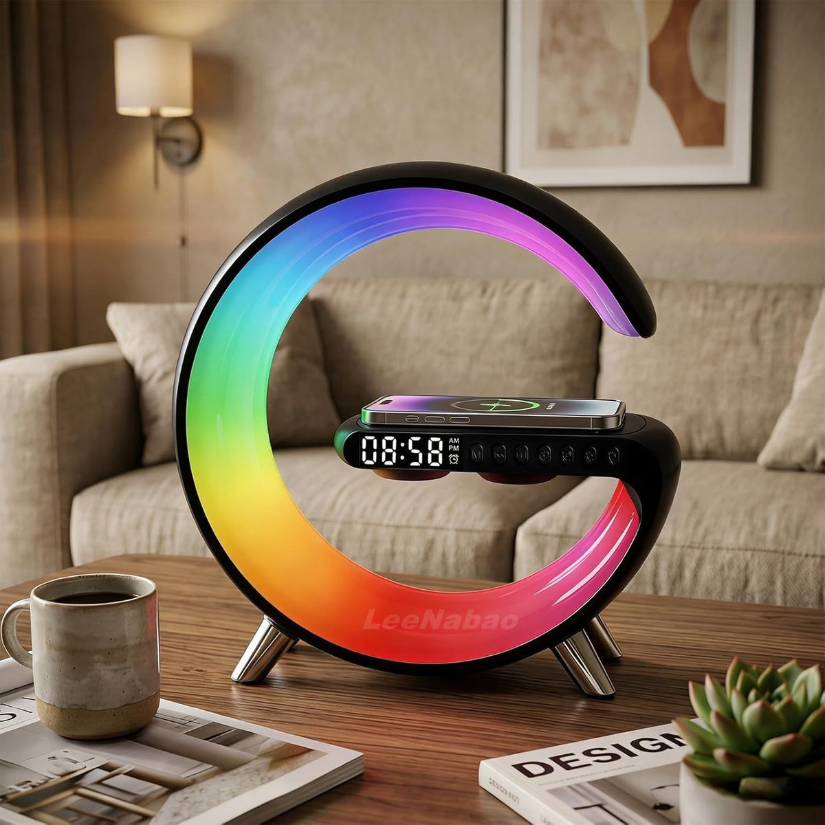 Smart LED Table Lamp,4-in-1 Wireless Charger with Speaker,Night Light, Alarm Clock, and Bluetooth Speaker with App Control, Ideal Gifts for Home, Office, Christmas (Light Black)