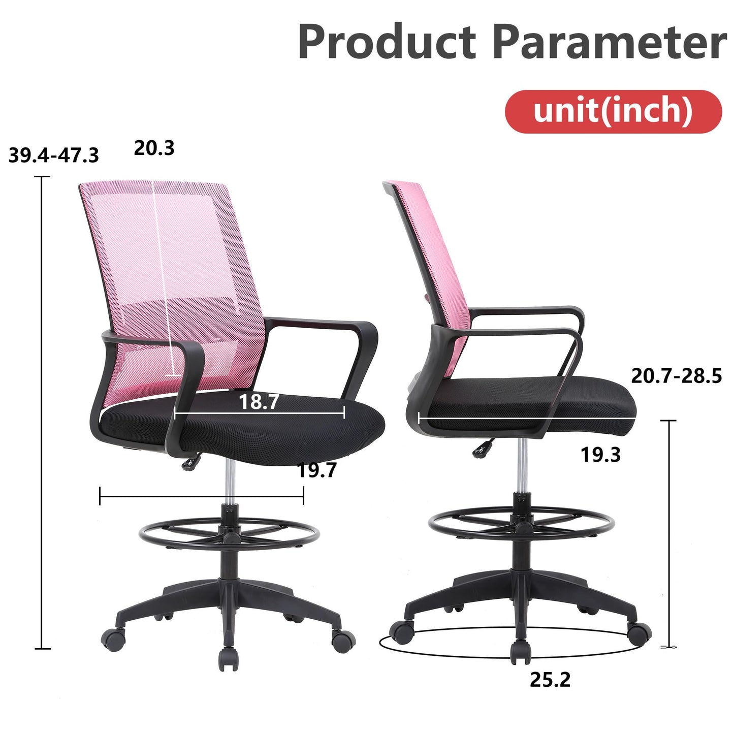 BestOffice Drafting Chair Tall Office Chair Adjustable Swivel Rolling Mesh Height with Lumbar Support Arms Footrest Mid Back for Adults Standing Desk Drafting Stool (Light Pink)