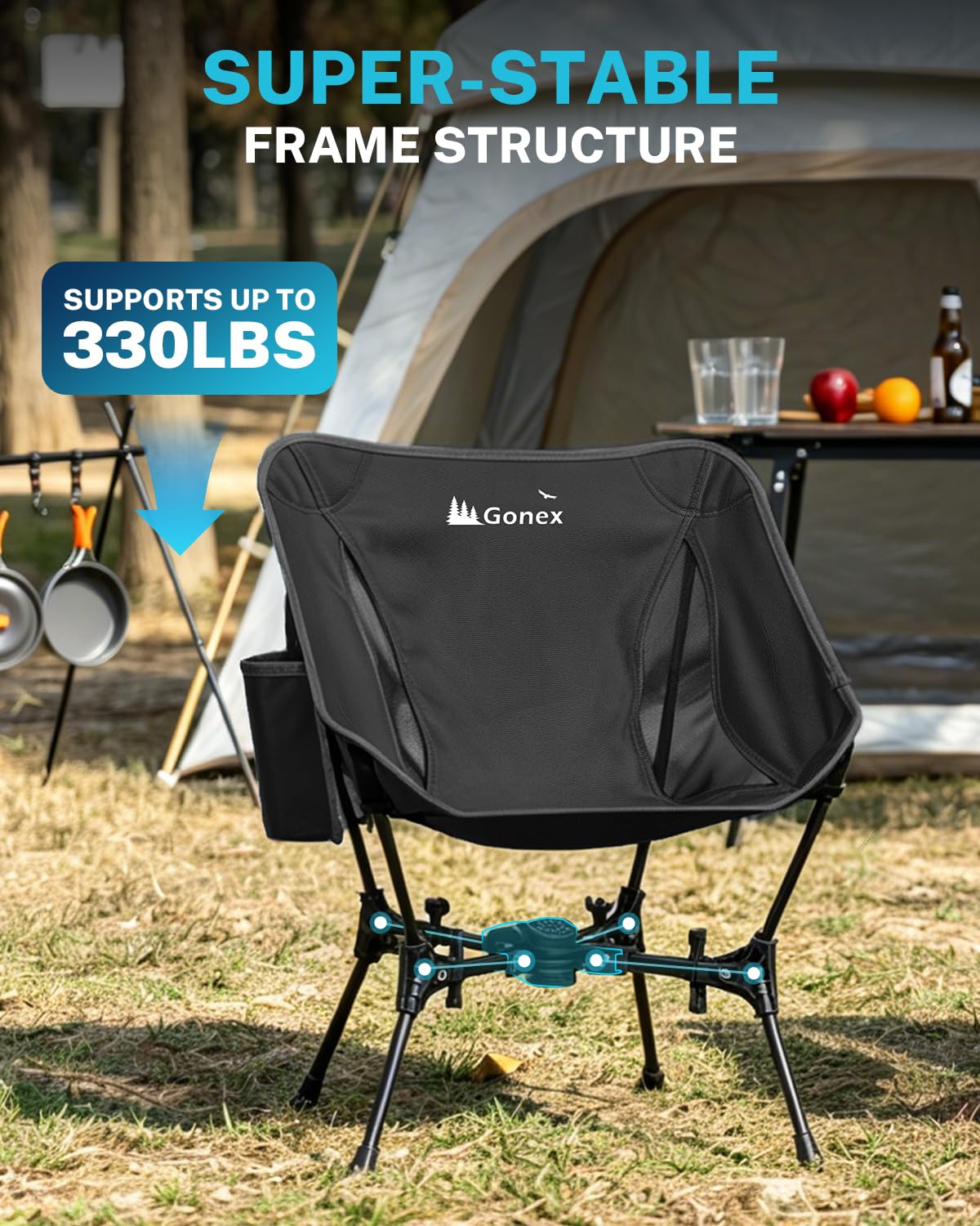 Gonex Portable Camping Chair, The 5th Gen Ultralight Compact Backpacking Foldable Lightweight Folding Chair for Outdoor Camp Hiking Beach Picnic Concert, Supports 330lbs (Black, 1 PCS)