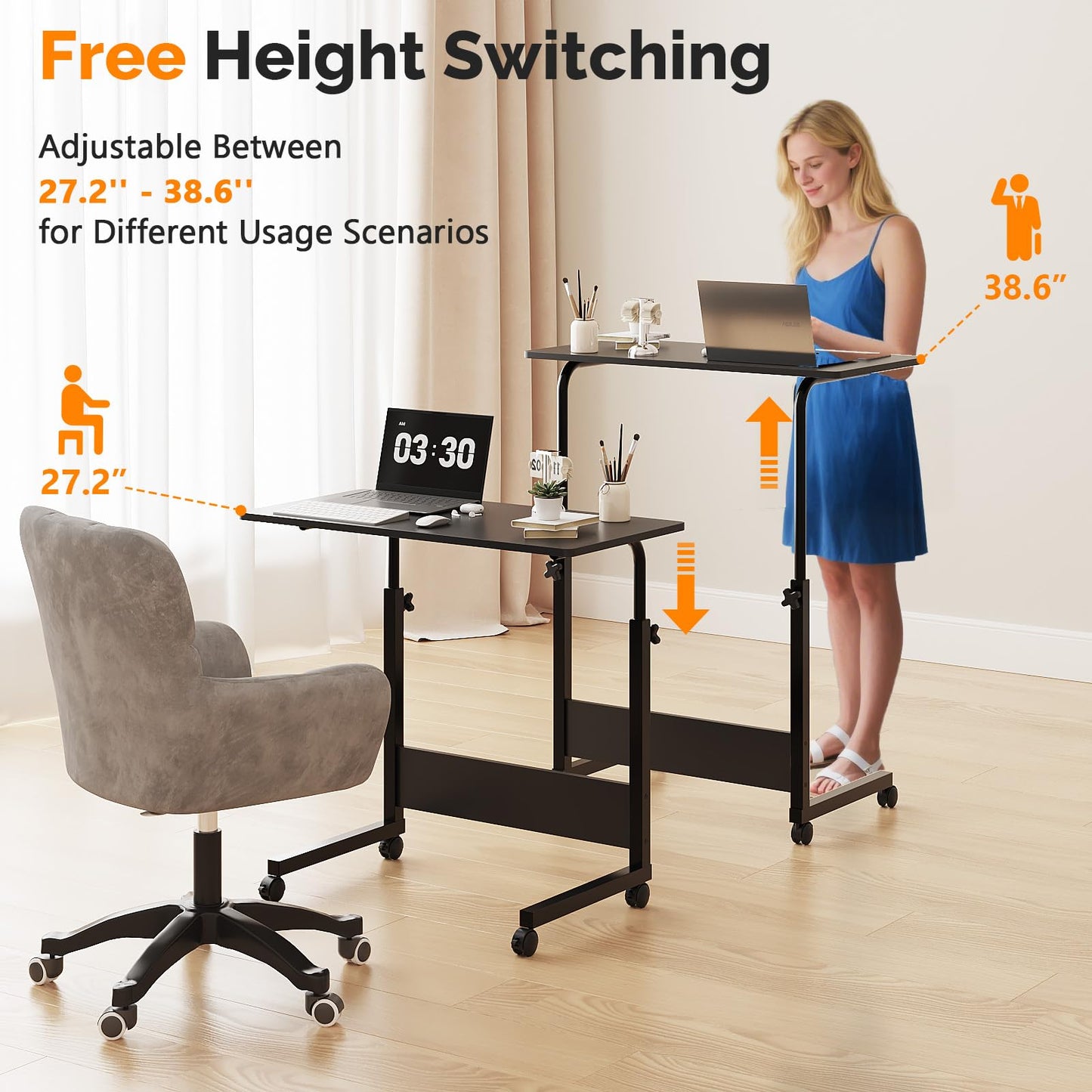 FCH Portable Computer Workstation, Standing Desk Adjustable Height, Small Computer Desk w/Rolling, Sit Stand Laptop Desk TV Tray for Bed Sofa Hospital Reading Eating,Black, 31.5"