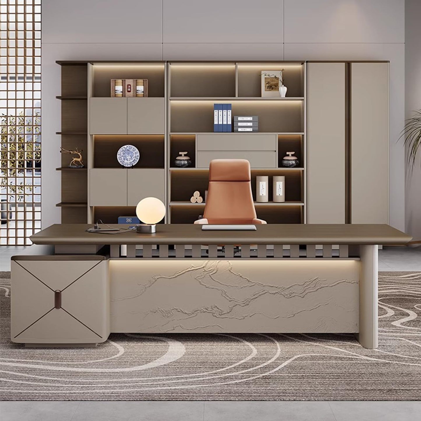 LSIGHTUS Wood L-Shaped Executive Office Desk, Computer Desk Modern Computer Desk with Lateral Cabinet Business Furniture Set for CEO Boss