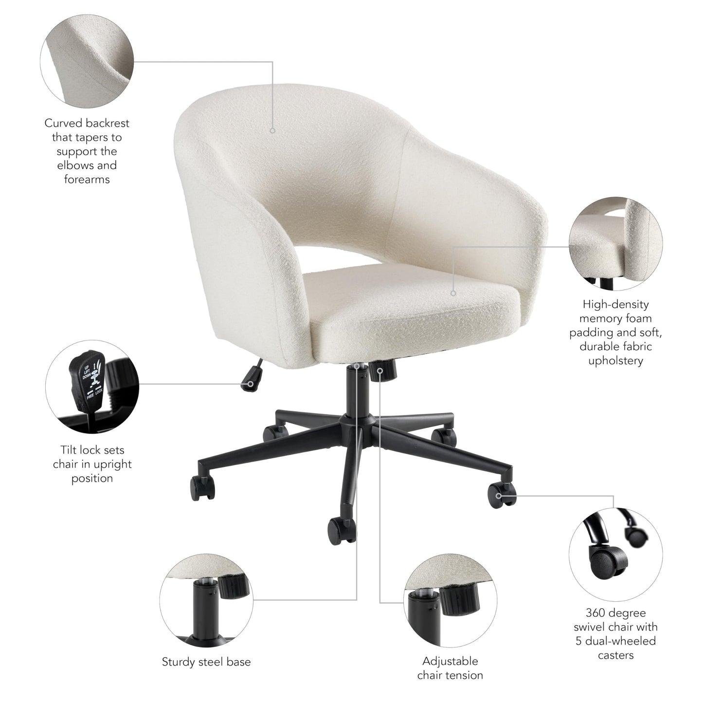 Bush Home Mid Century Modern Desk Chair for Home Office, Adjustable Seating with Wheels and Swivel Base, Fairfax Collection, Light Cream Fabric Upholstery