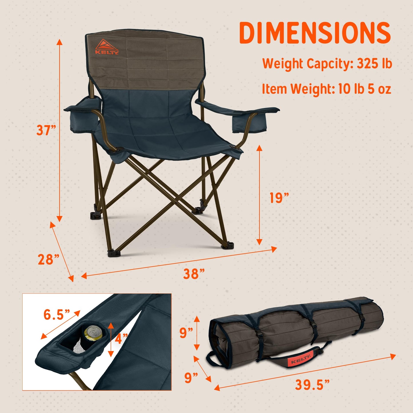 Kelty Deluxe Lounge Chair – Folding Outdoor Camp Chair, Insulated Cupholders, Customized Recline, Steel Frame, Padded Roll Storage (Dark Shadow/Midnight Navy)