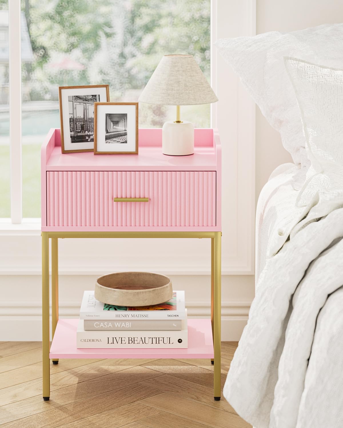 Apetaccat Nightstand, 3-Tier Bed Side Table, Small End Table, Night Stand with Open Shelf and Drawer, Bedside Table for Bedroom, Living Room, Pink