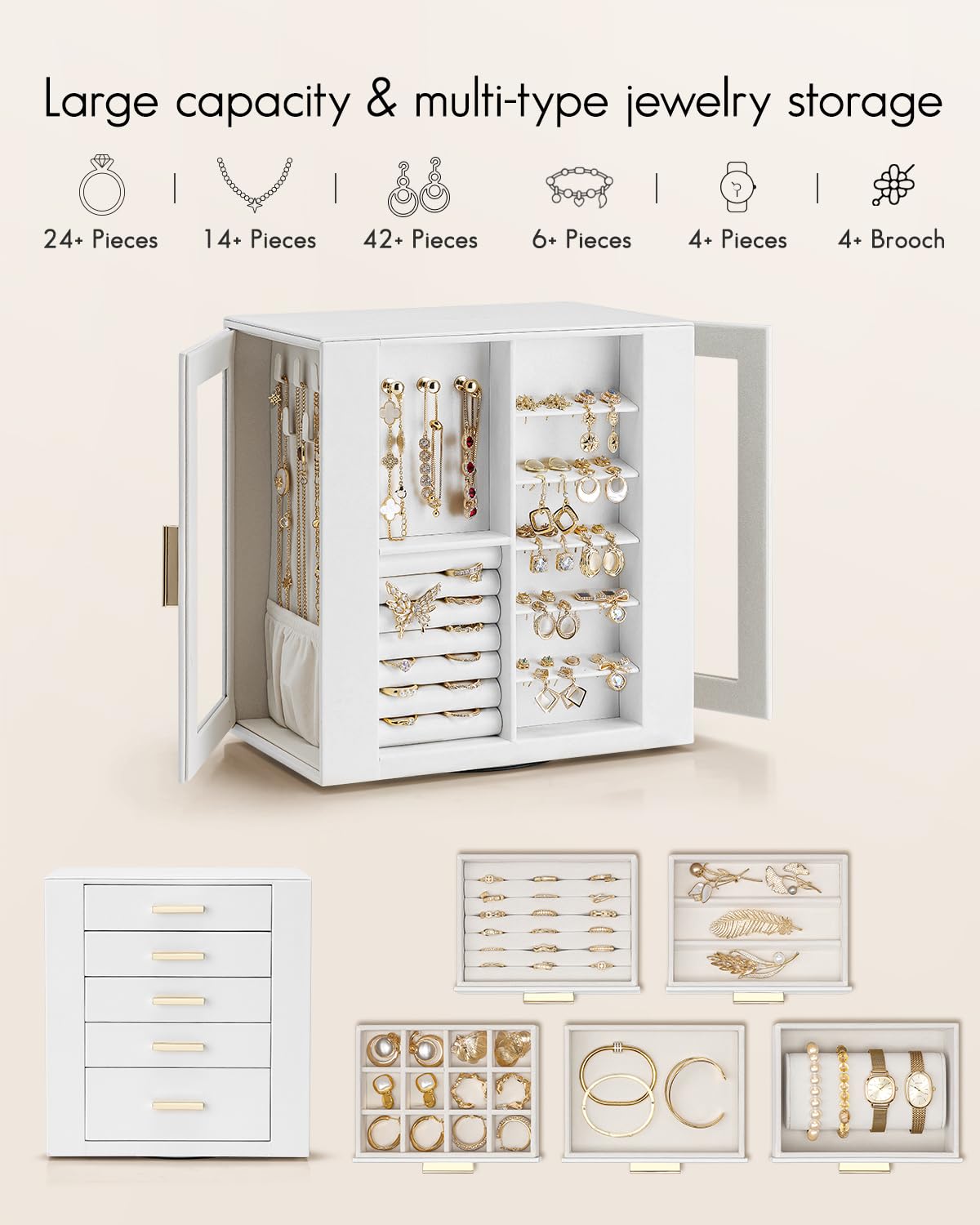VLANDO 360° Rotating Jewelry Box with 5 Drawers, Large Jewelry Storage with 2 Glass Window, PU Leather Jewelry Organizer for Bracelets, Necklaces, Earrings, Rings - White