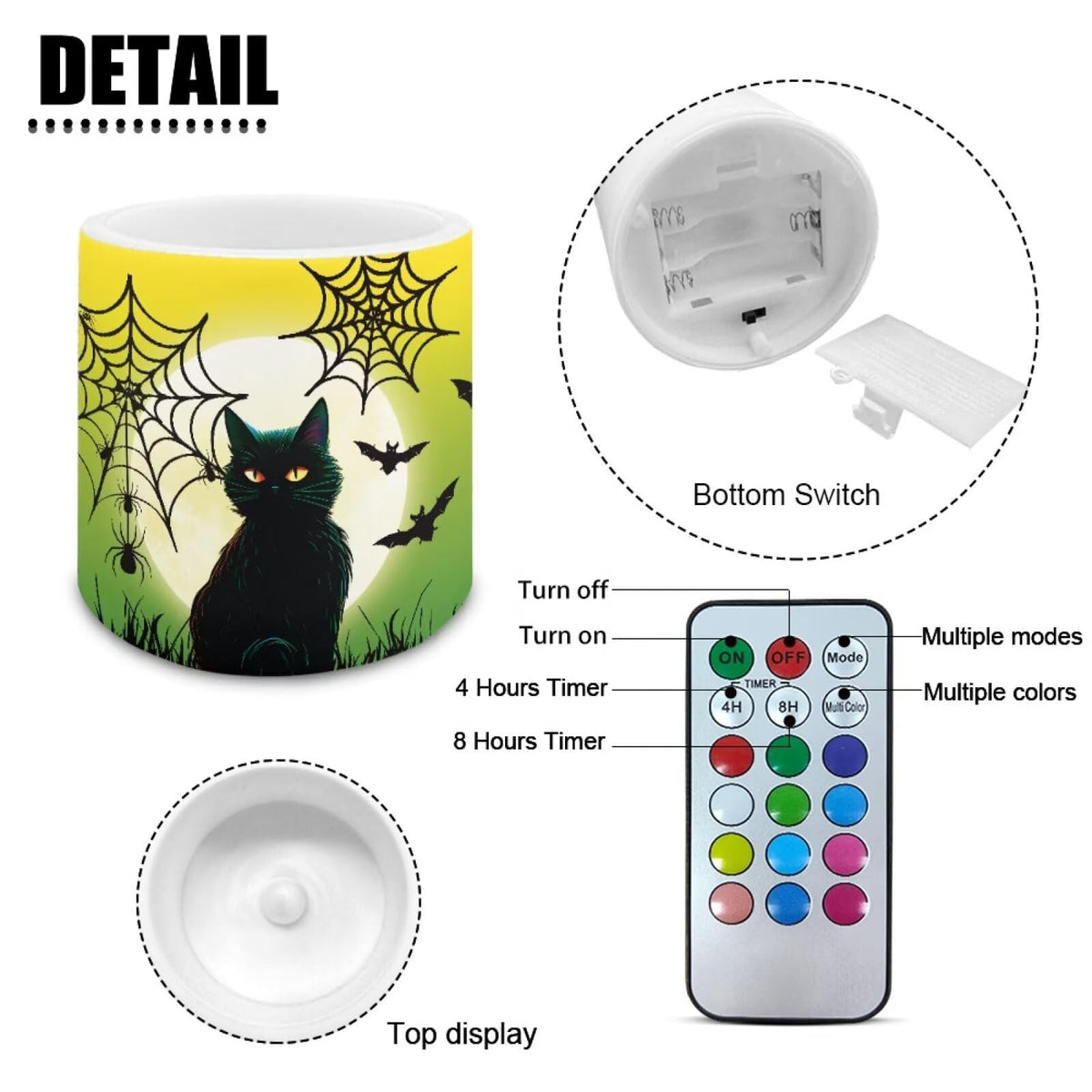 Merkmak Flameless Candles with Remote Battery Operated Candles with Timer Halloween Spider Web Black Cat Pumpkin Print Flameless Pillar Tea Lights for Party Home Decorations