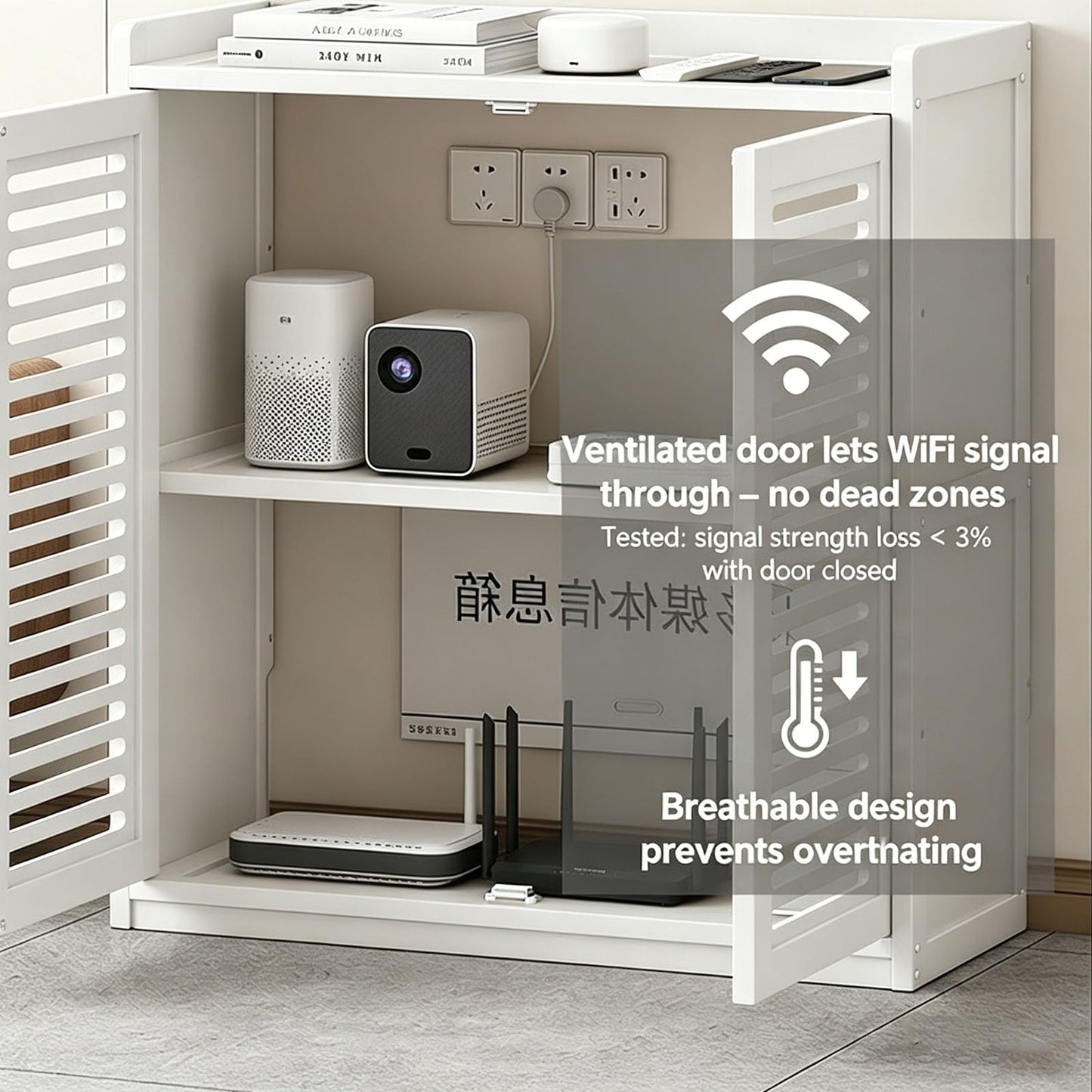 GODNOEI Large WiFi Router Cabinet Floor Standing Storage Box Modem Organizer for Home Office Bedroom White