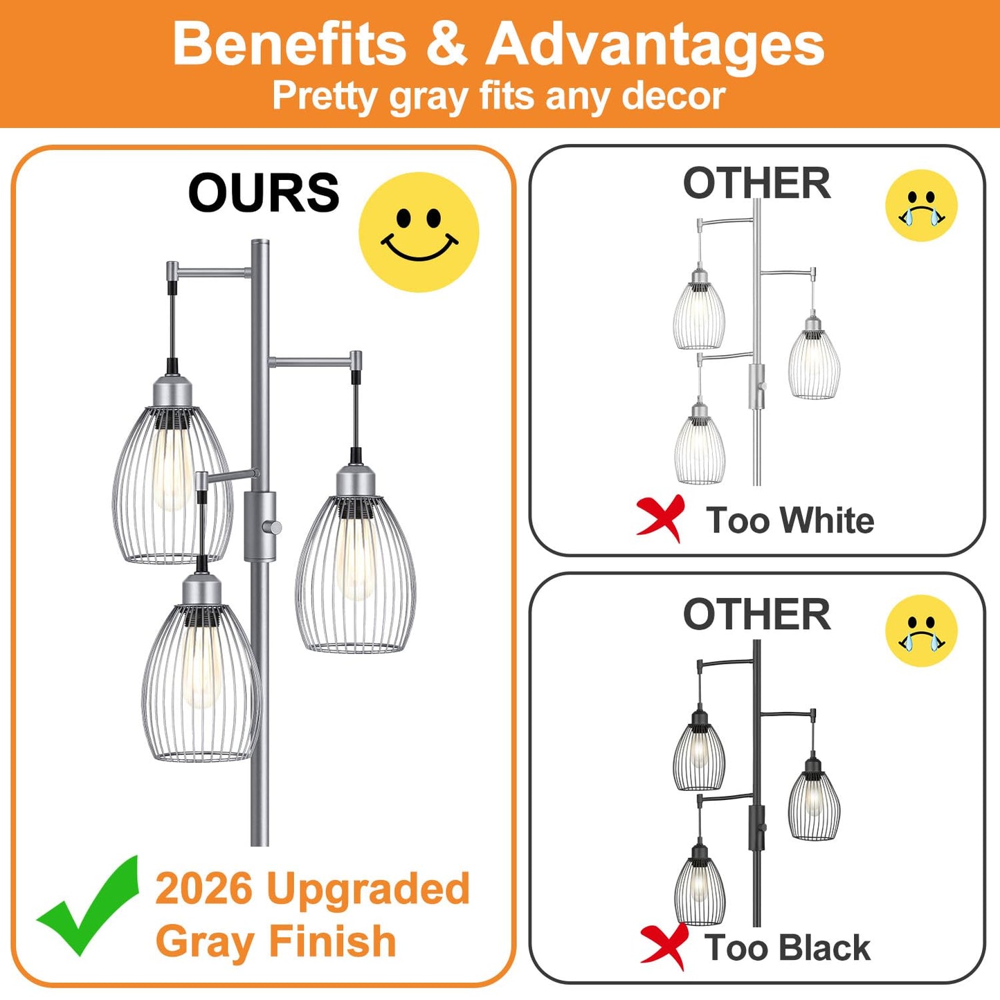 Torondo Dimmable Industrial Floor Lamps for Living Room, Gray Tree Standing Tall Lamps with 3 Elegant Teardrop Cage Head & 800 Lumens LED Bulbs for Bedroom Office