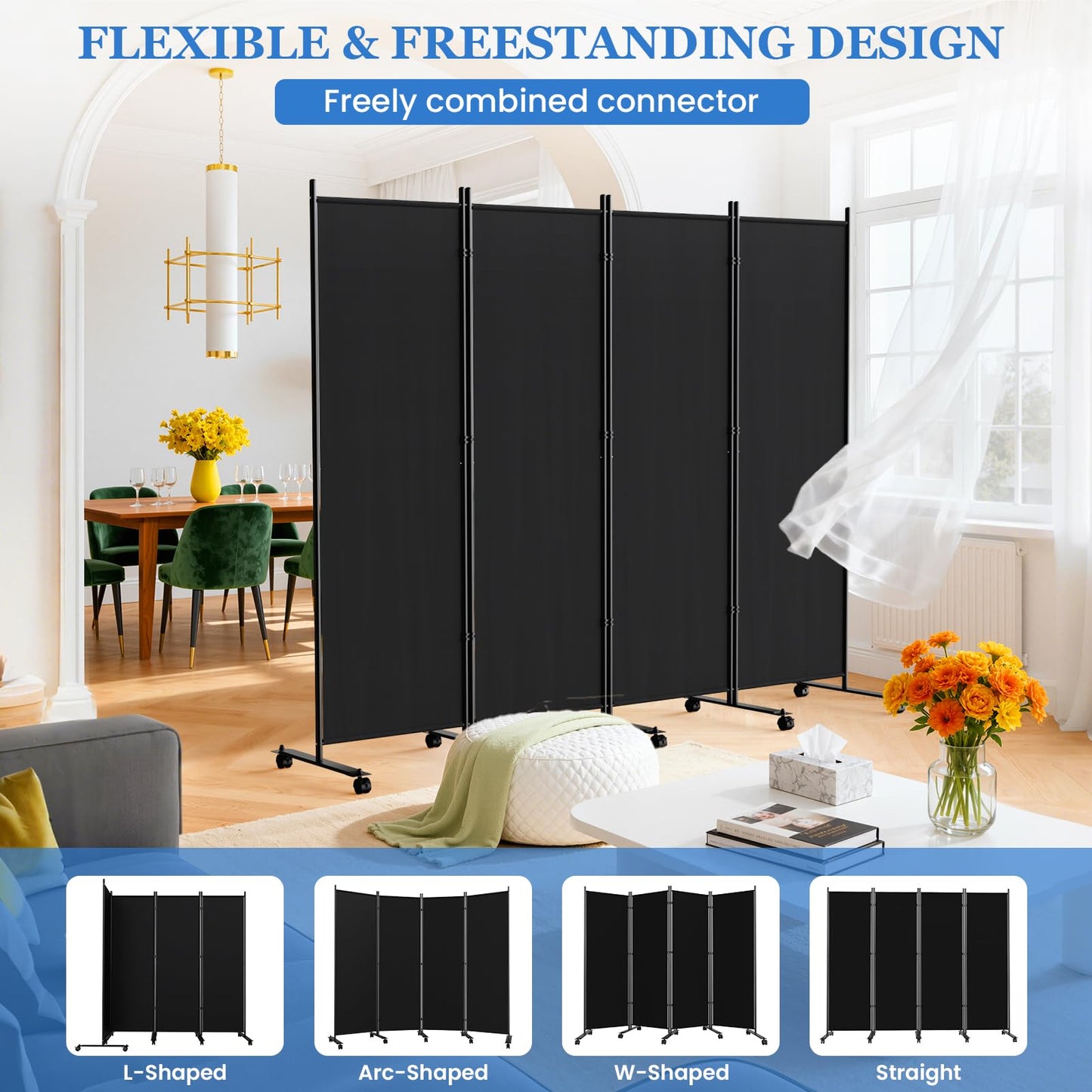 SUNALLY Room Divider 6FT Folding Privacy Screens with Lockable Wheels, 6 Panel Room Partition for Room Separator, 132" W Freestanding Portable Fabric Wall Dividers for Home Dorm Studio Office, Black