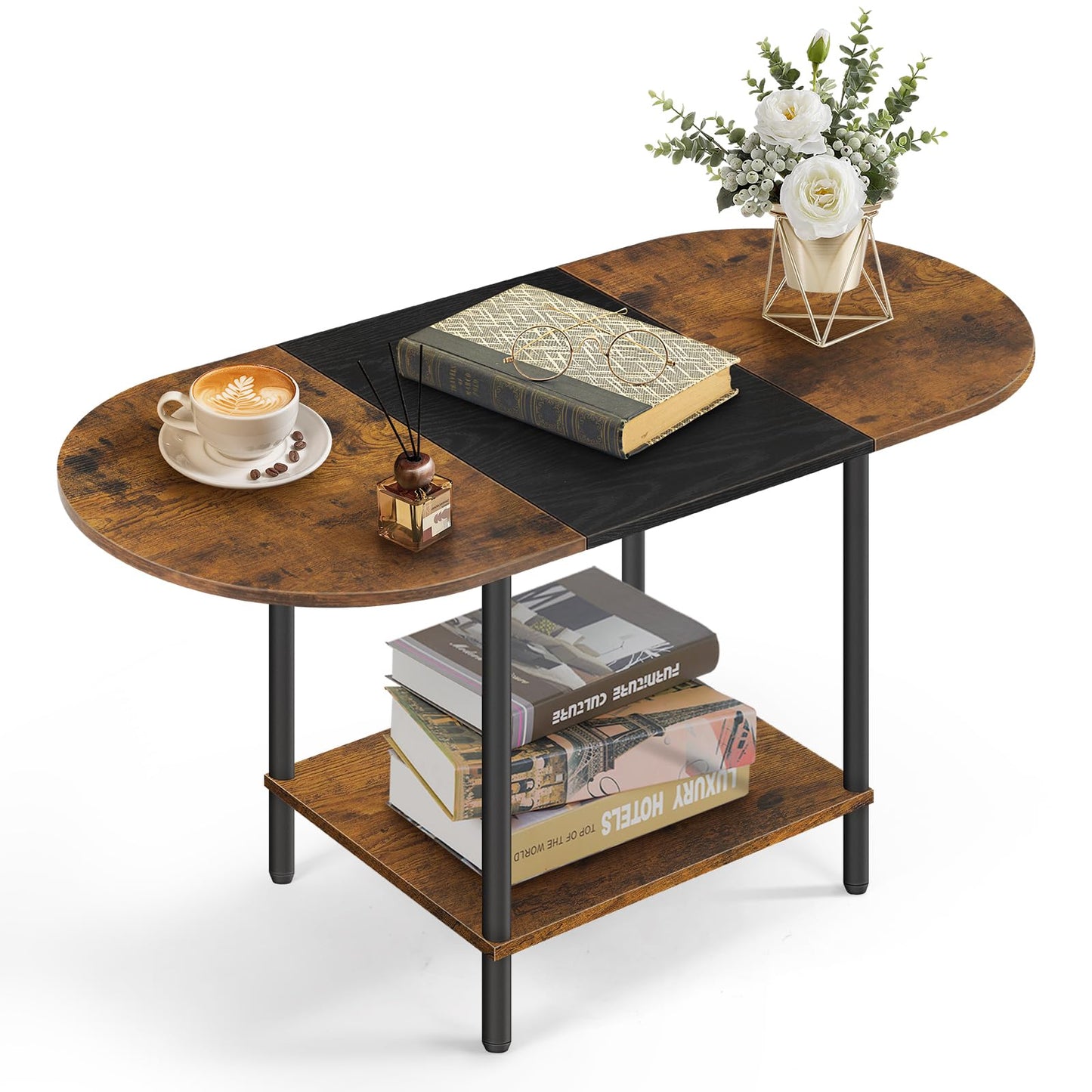KANEODOT Small Coffee Tables for Living Room,Mid Century Oval Center Table with Storage Shelf and Wood Tabletop,2-Tier Farmhouse Narrow Cocktail Tea Table for Small Space,Apartment,Rustic Brown