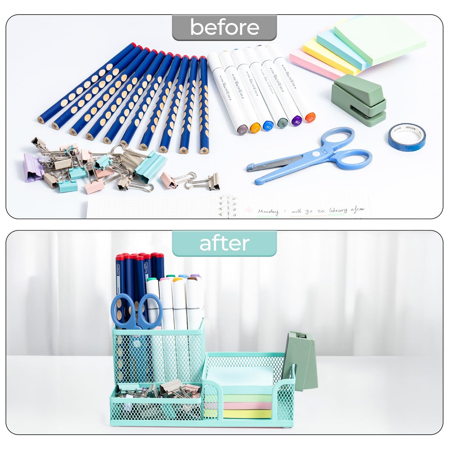 M&G Mesh Pen Holder Desk Organizers Pencil Holder for Desk Light Blue, 3 Compartments Metal Office Supply Organizer with Sticky Notes Holder for Home Office