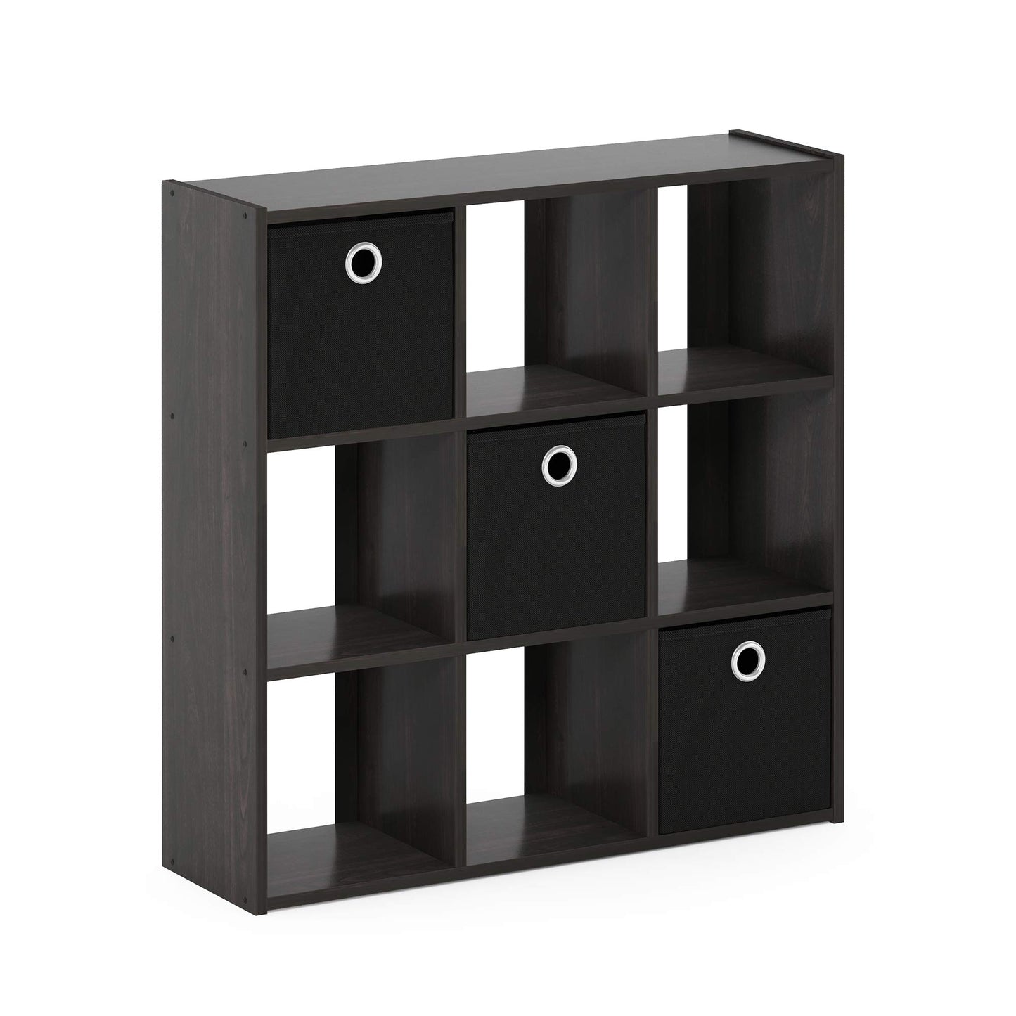 Furinno Simplistic 9-Cube Organizer with Bins, Small Size (Assembled unit dimensions : 7.9"D x 26.5"W x 26.7"H inches), Espresso/Black
