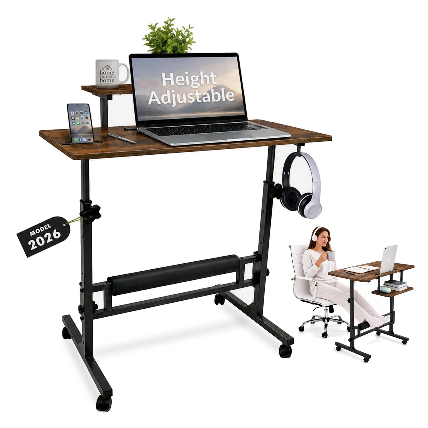 Model 2026 Adjustable Height Rolling Desk With Wheels Portable Compact Laptop Table Mobile Workstation For Study Office Small Space Standing Desk Ergonomic Writing Surface Modern Home Furniture Brown