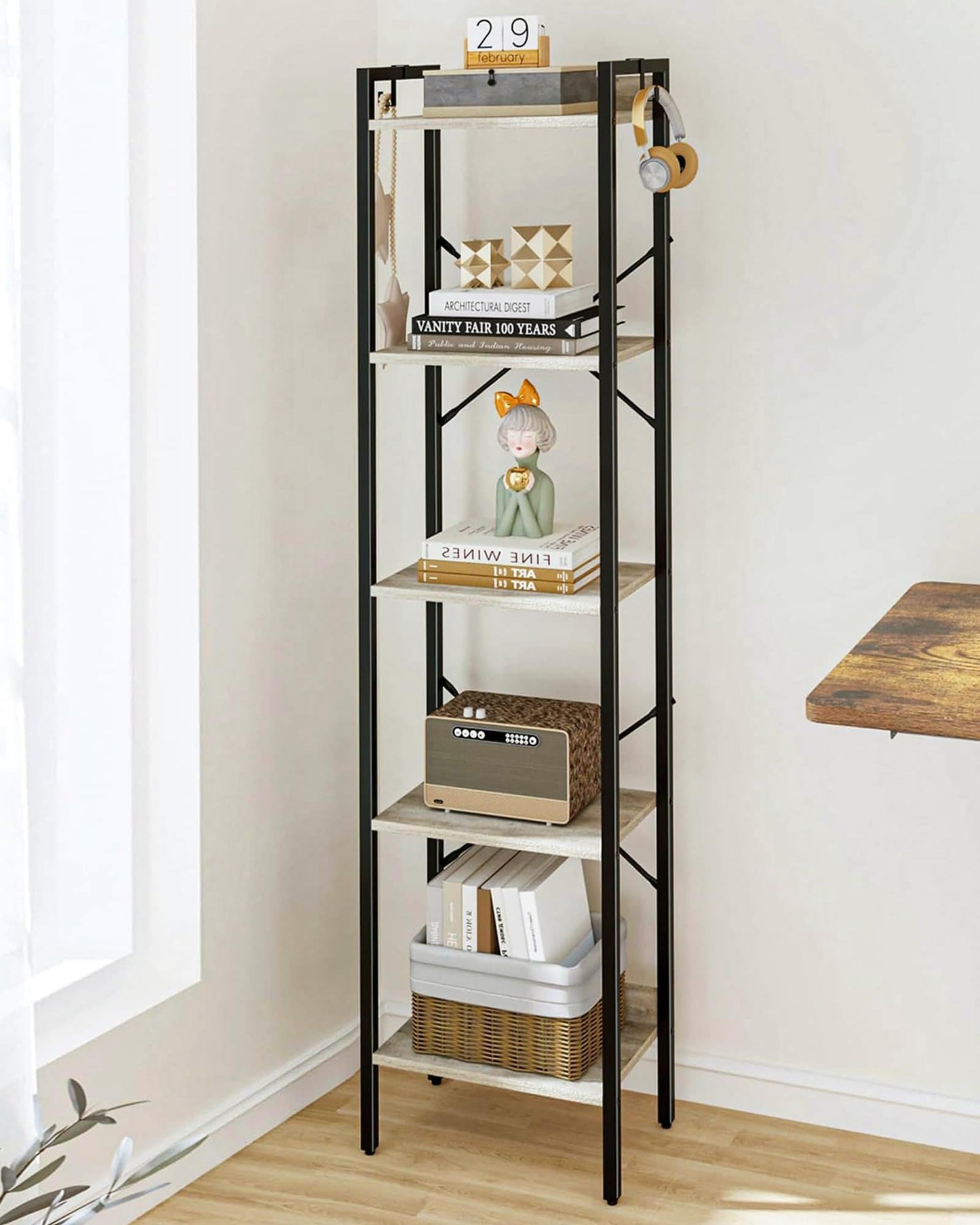 Hzuaneri Bookshelf, Book Shelf, Industrial Bookcase with 2 Hooks, Coner Shelf Storage Organizer for Home Office, Living Room, Bedroom, Kitchen, 5-Tier Greige BC10505B