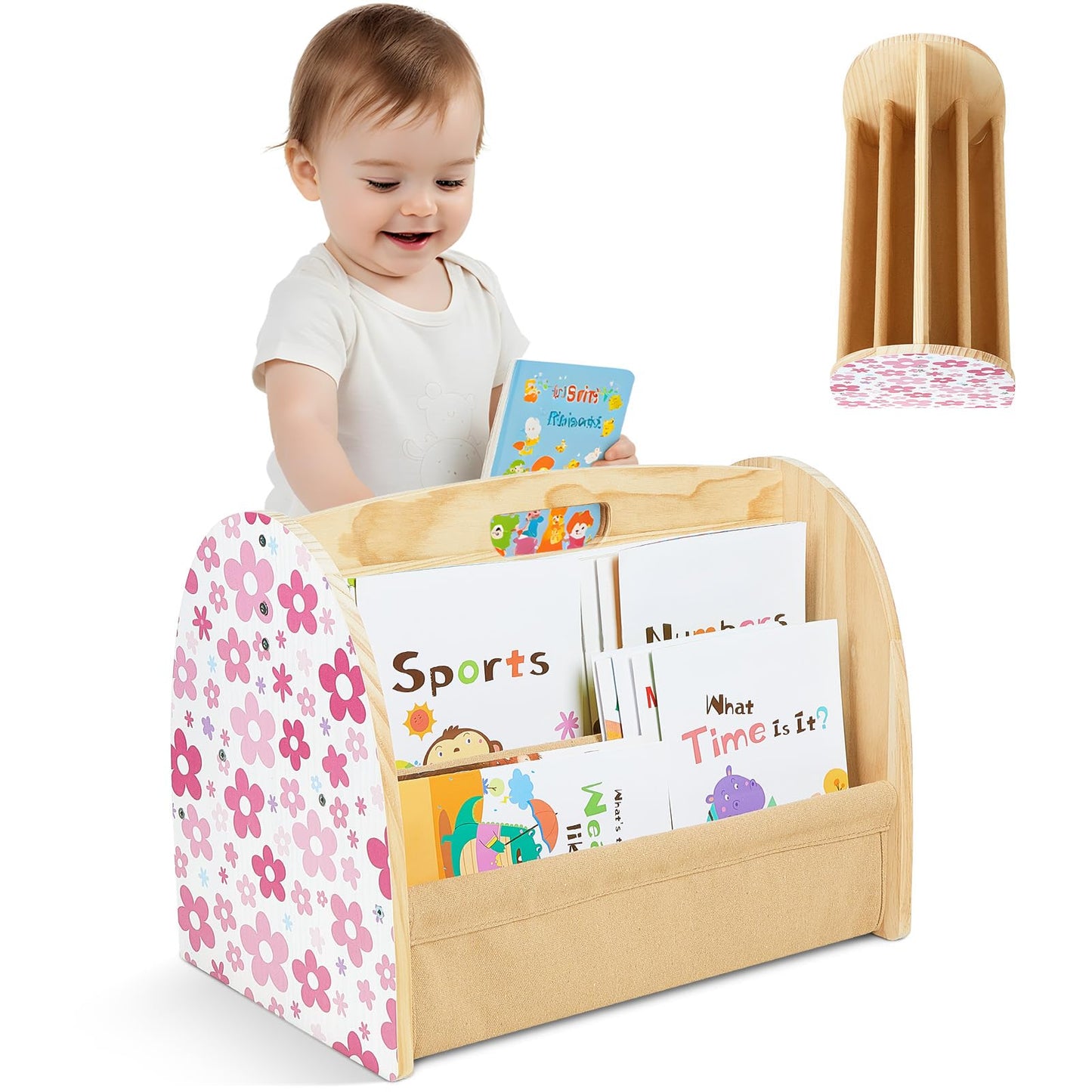 SheSeek Toddler Bookshelf Double-Sided with 4 Tier Deep Sleeves Kids Wooden Montessori Book Rack for Baby Nursery Room, Playroom, Classroom or Bedroom Bookcase Storage Organizer, Pink Flowers