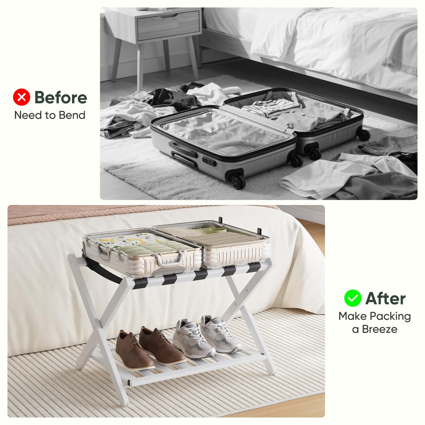 Smart FENDEE Fully Assembled White Bamboo Luggage Rack, 5 Straps Folding Suitcase Stand with Shoe Shelf, Heavy Duty Wood Large Luggage Holders for Guest Room, Bedroom, Hotel