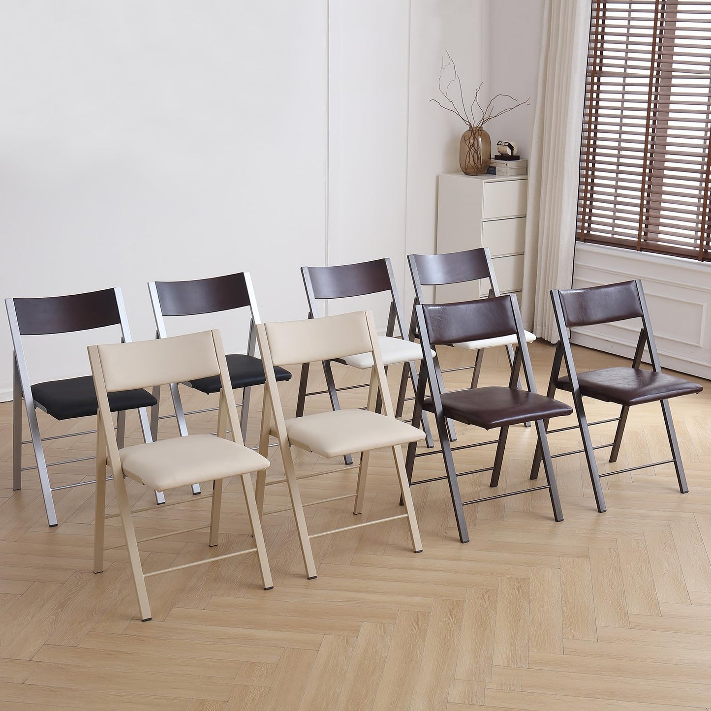 Folding Chairs with Cushion 2 Pack - Heavy Duty Steel Frame Foldable Dining Chairs, Waterproof Leather Indoor Outdoor Comfortable Folding Chairs for Home, Conference Rooms, Weddings, Events (Wood)