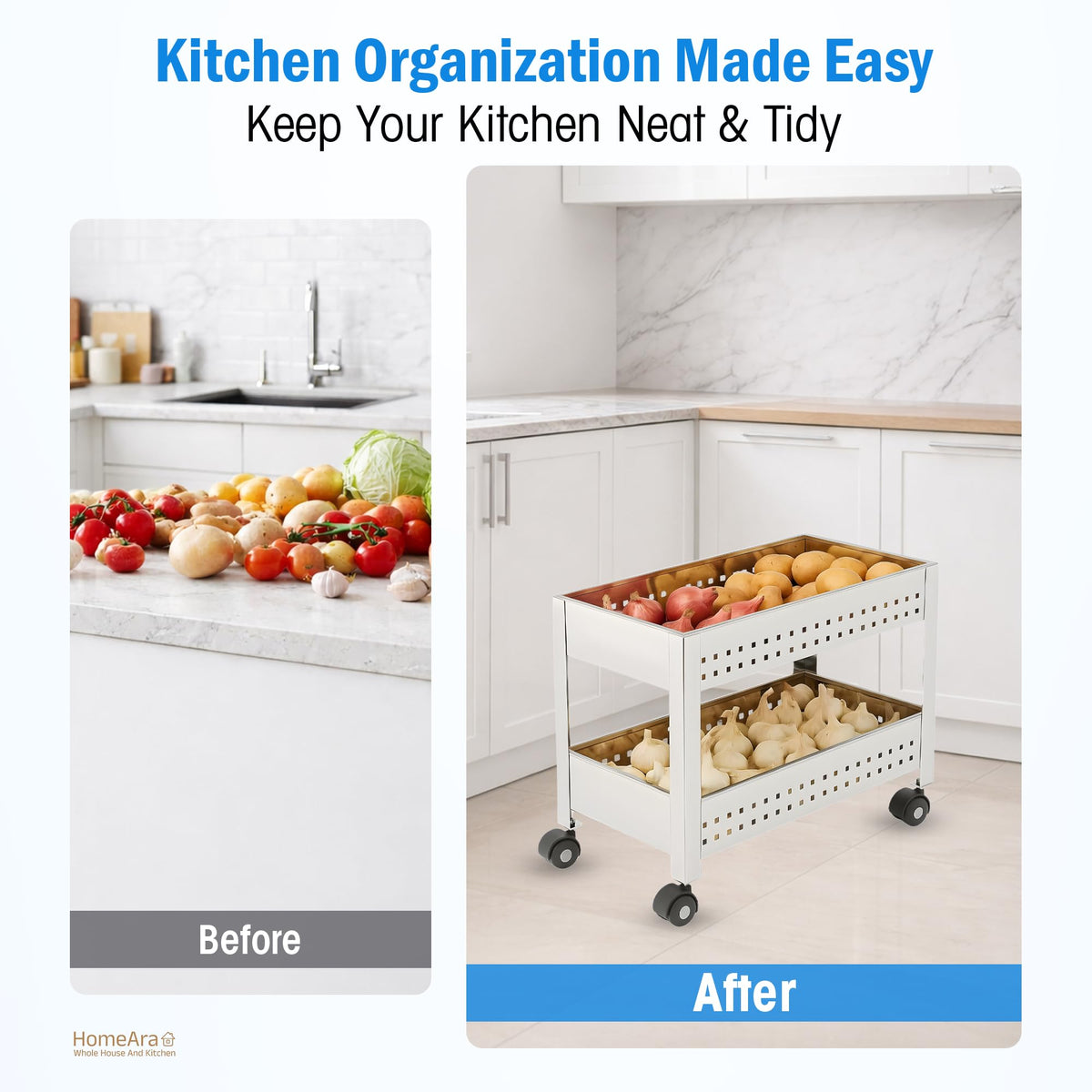 HomeAra 2-Tier Rolling Utility Cart with Wheel, Metal Storage Trolley Organizer for Kitchen, Office, Portable Multi Purpose Storage Rack Shelf, Movable Kitchen Pantry Laundry Organizer Cart, Silver