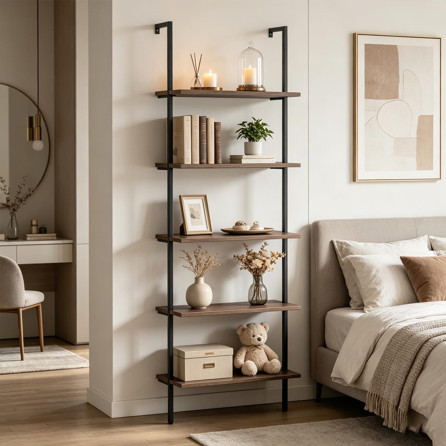 Wolawu 5 Tiers Ladder Shelf Brown Modern Bookshelf Open Tall Wall Mount Bookcase Standing Leaning Wall Shelves Industrial Decorative Living Room Bed Room
