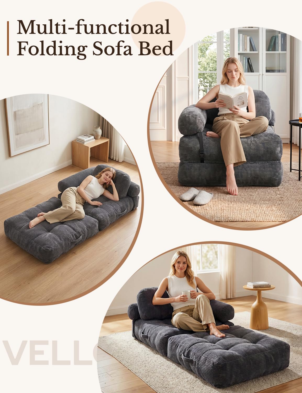 Vellorise Folding Sofa Bed, L-Shaped Couch Back Support and Arm Pillow Futon, Convertible Sofa Bed for Living Room/Guest Use/Home Office, Boneless Foldable Couch for Adults, Dark Gray
