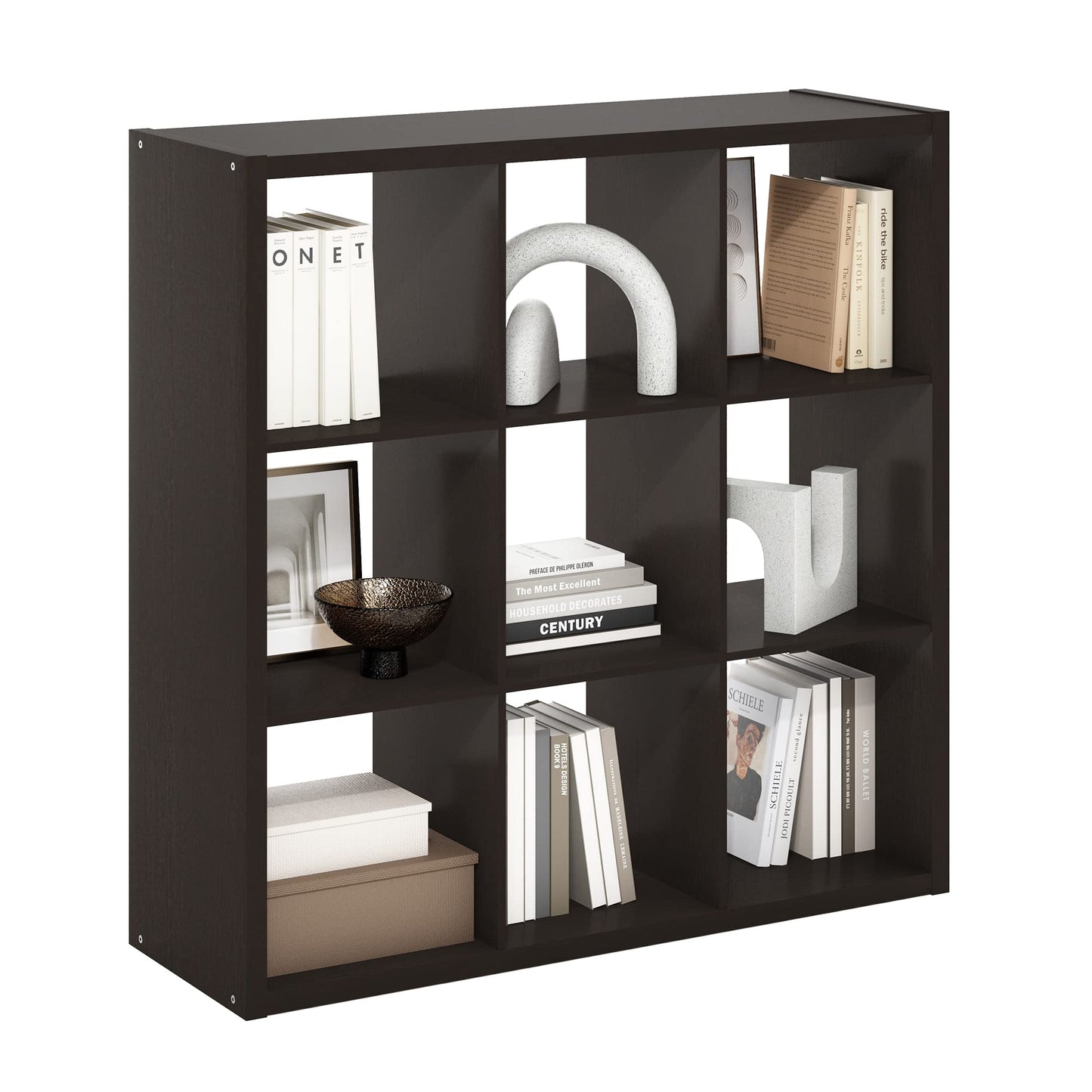 Furinno CUBICLE Book Shelf, 9-Cube Bookshelf, Extra Thick Frame Reversible Bookcase with Open Back, 14.6" x 44" x 44", for Living Room, Bedroom, Home Office, Black Dark Oak