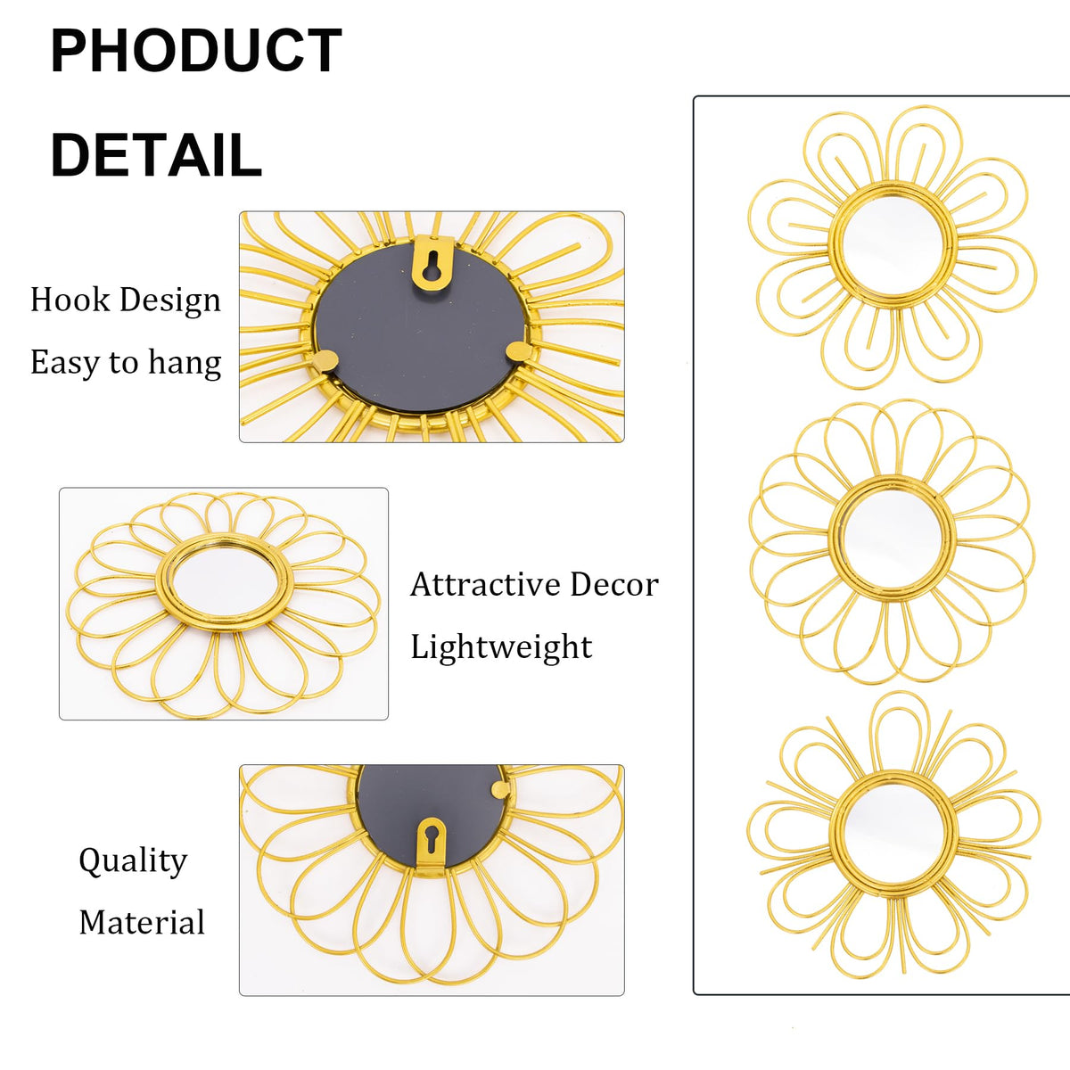 Gold Mirrors 3 Piece, 9 inch Flower-Indoor Shaped Mirror Hanging Wall Decor