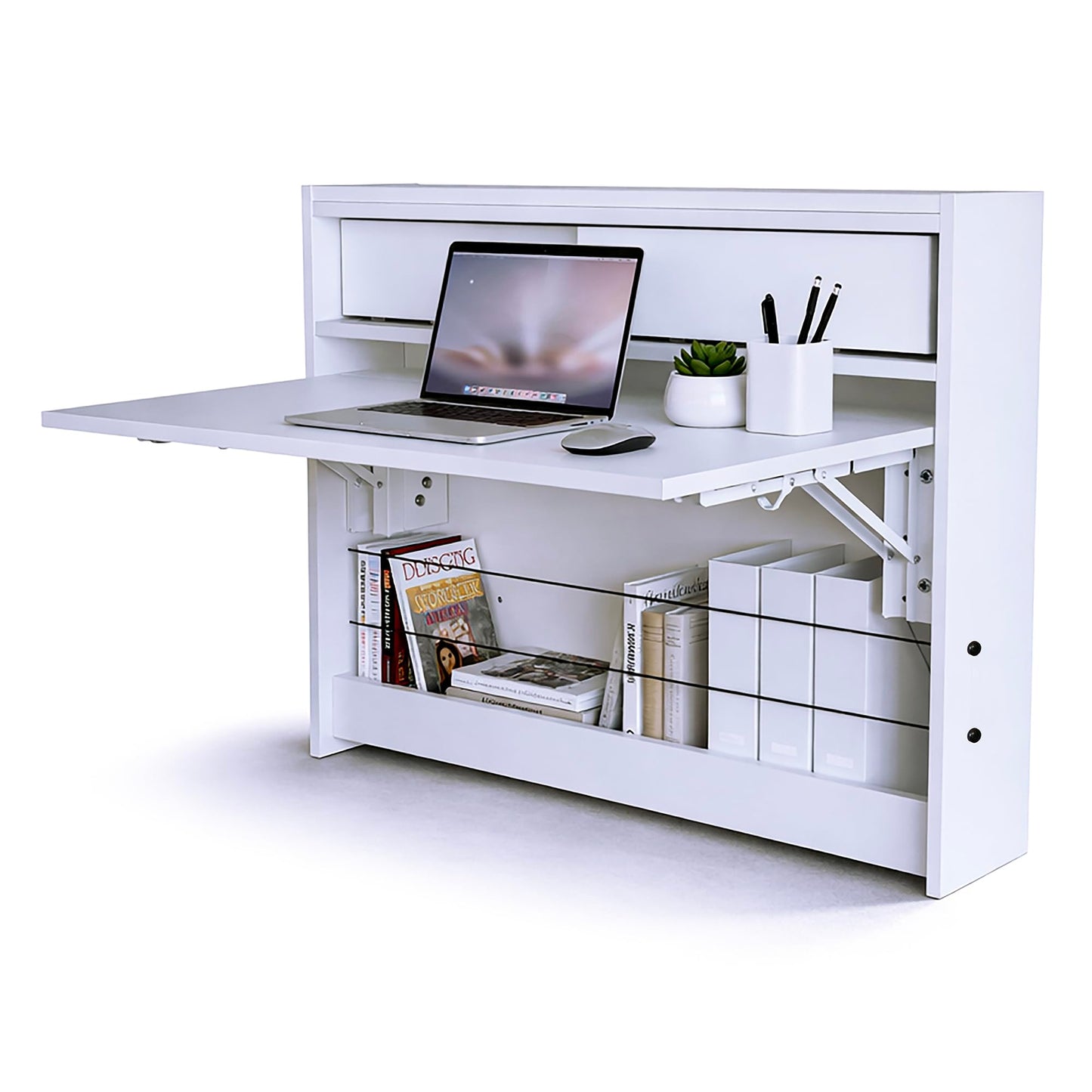GOOTRY Wall Mounted Desk 31 inches, Folding Table with Shelves, Space Saving Computer Table, Floating Table for Wall, Multi-Purpose Folding Desk Perfect for Workstations, Dining, or Laundry Area.