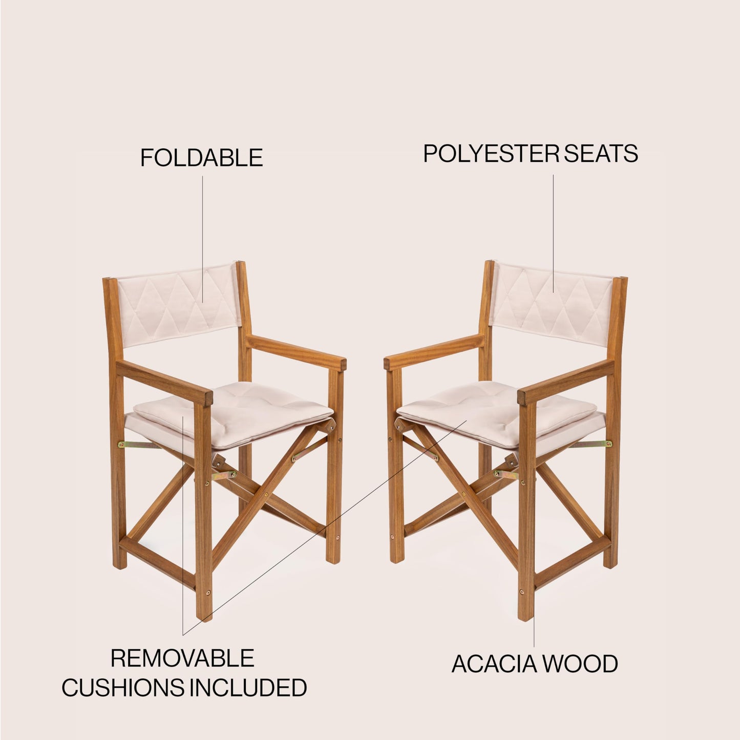 JONATHAN Y Waldo Acacia Wood Outdoor Director Chair Set of 2 for Patio & Balcony, Foldable Coastal Armchair with Beige Diamond-Quilted Cushions, Teak Brown DRC1002A-SET2