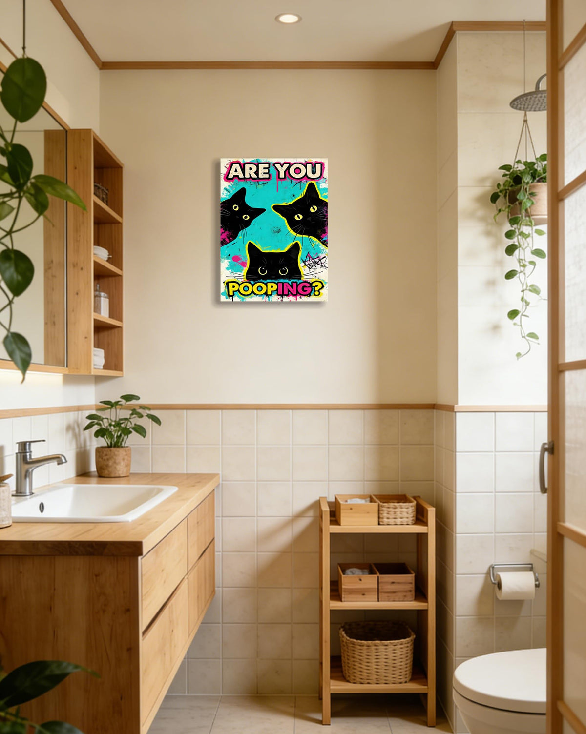 DUFIPOR Funny Black Cat Bathroom Wall Art, Are You Pooping? Graffiti Pop Art Canvas Prints, 12x16 Inch Humorous Bathroom Decor for Washroom Restroom, Trendy Cat Lover Gifts for Bathroom Wall Decor