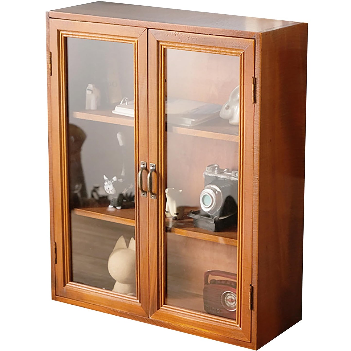 Woodaholic Storage Display Cabinet with Clear Display Doors - Pantry Storage Cupboard - 3-Level Cover with 2 Metal Handles - Rustic Mini Kitchen Cupboard, Mahogany Wood