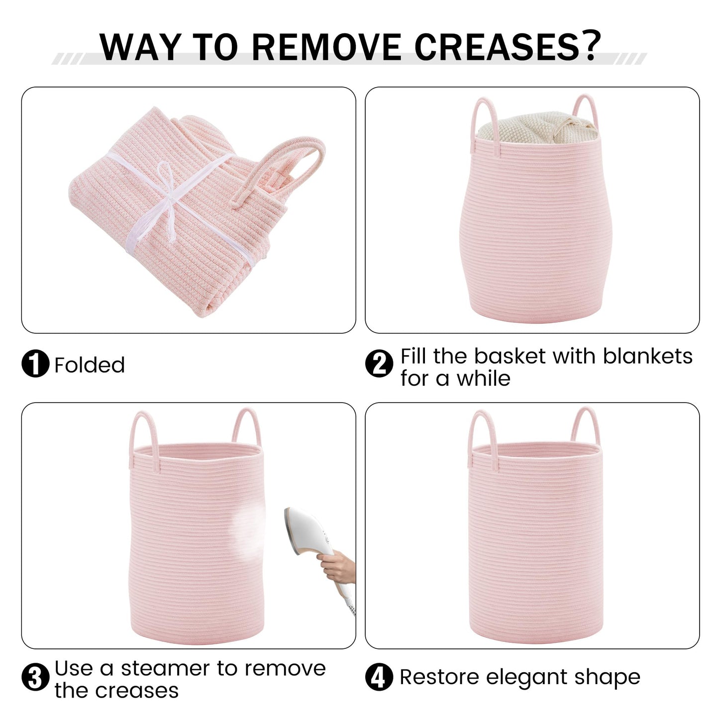 YOUDENOVA Woven Rope Laundry Hamper, 58L Tall Luandry Basket, Baby Nursery Hamper for Blanket Storage in Bedroom-Large-Pink