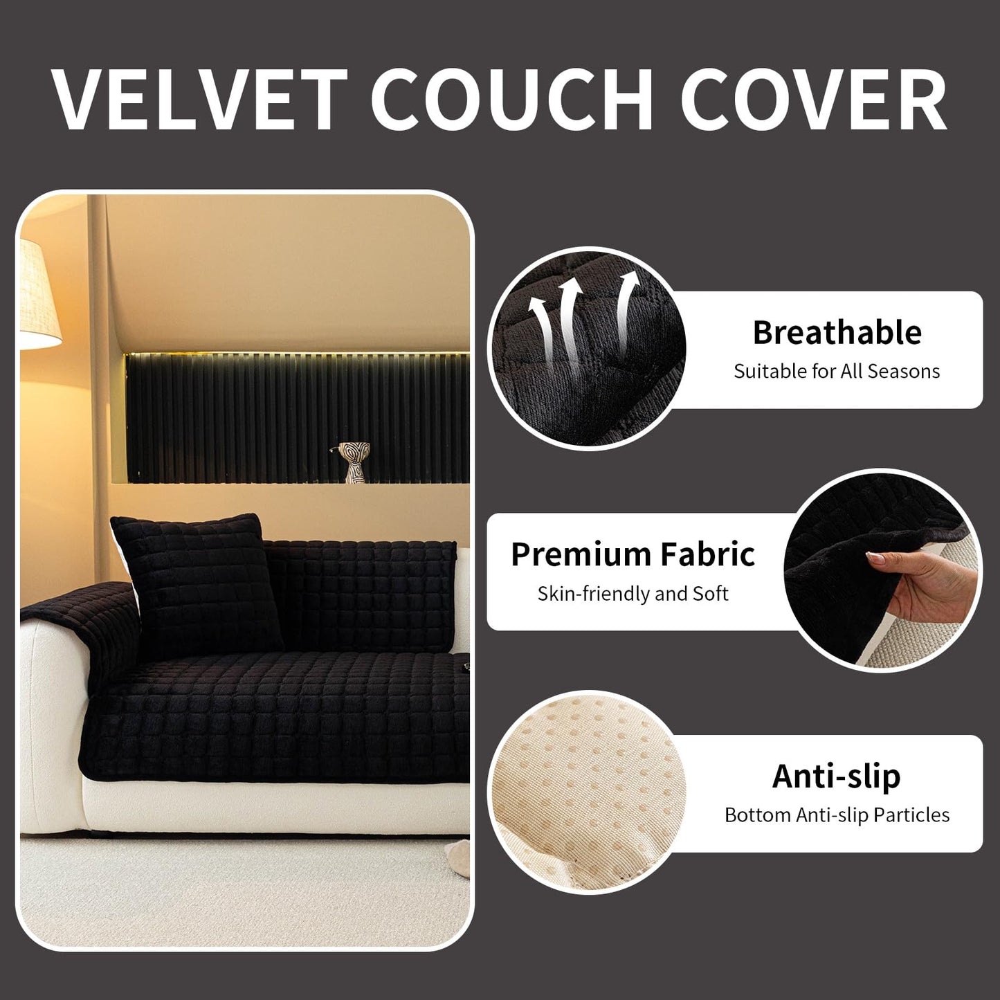 MDSASFD Velvet Couch Cover, Plush Sectional Sofa Cover Washable, Anti Slip Sofa Slipcover for 4 Cushions Sofas, Furniture Protector Covers for Pets & Kids(1PC, Black, 35.4"×94.5", 4-Seater)
