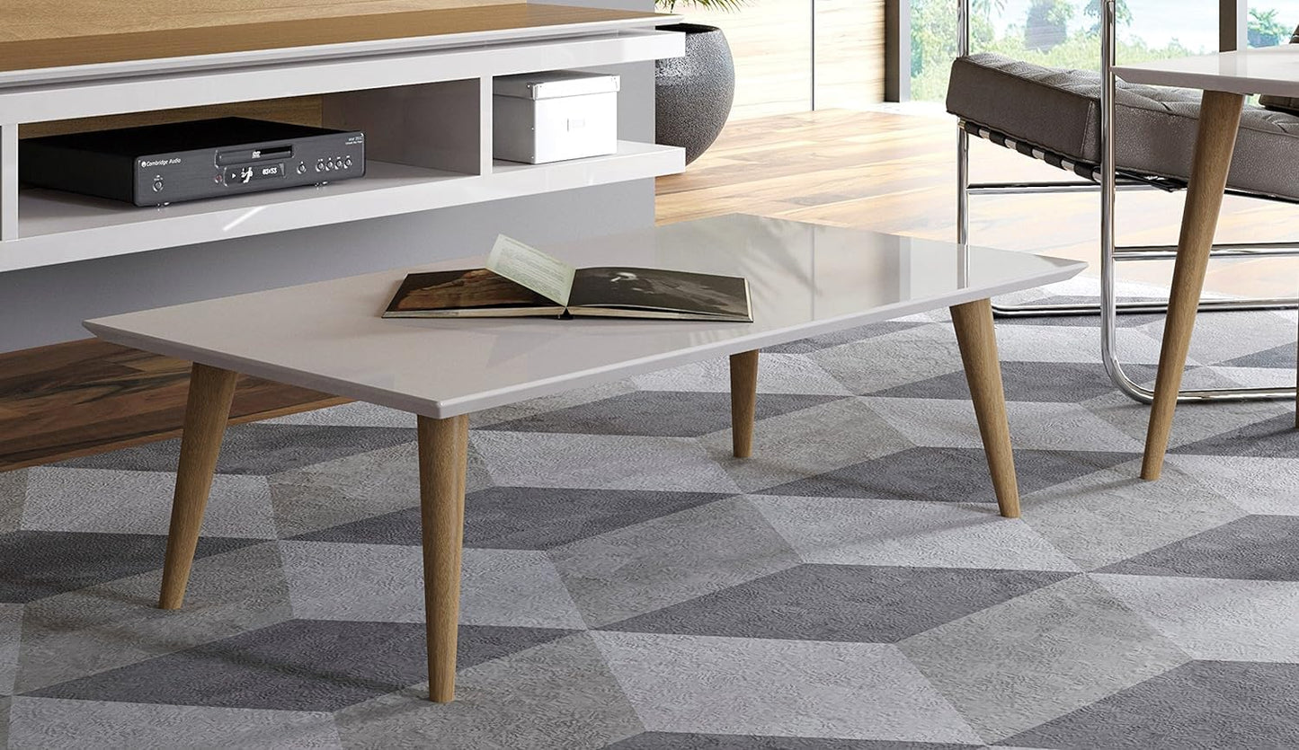 Manhattan Comfort Utopia Collection Mid Century Modern Low Rectangle Accent Living Room End Table With Splayed Legs, Off White (89452)
