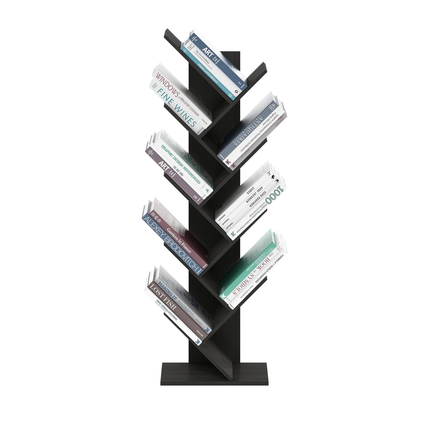 Furinno TREE Book Shelf, 9-Tier Bookshelf, Tree Bookcase with Angled Open Shelf, 8.4 x 15.7 x 50.9, Corner Shelf for Room Decor, for Living Room, Bedroom, Home Office, Espresso