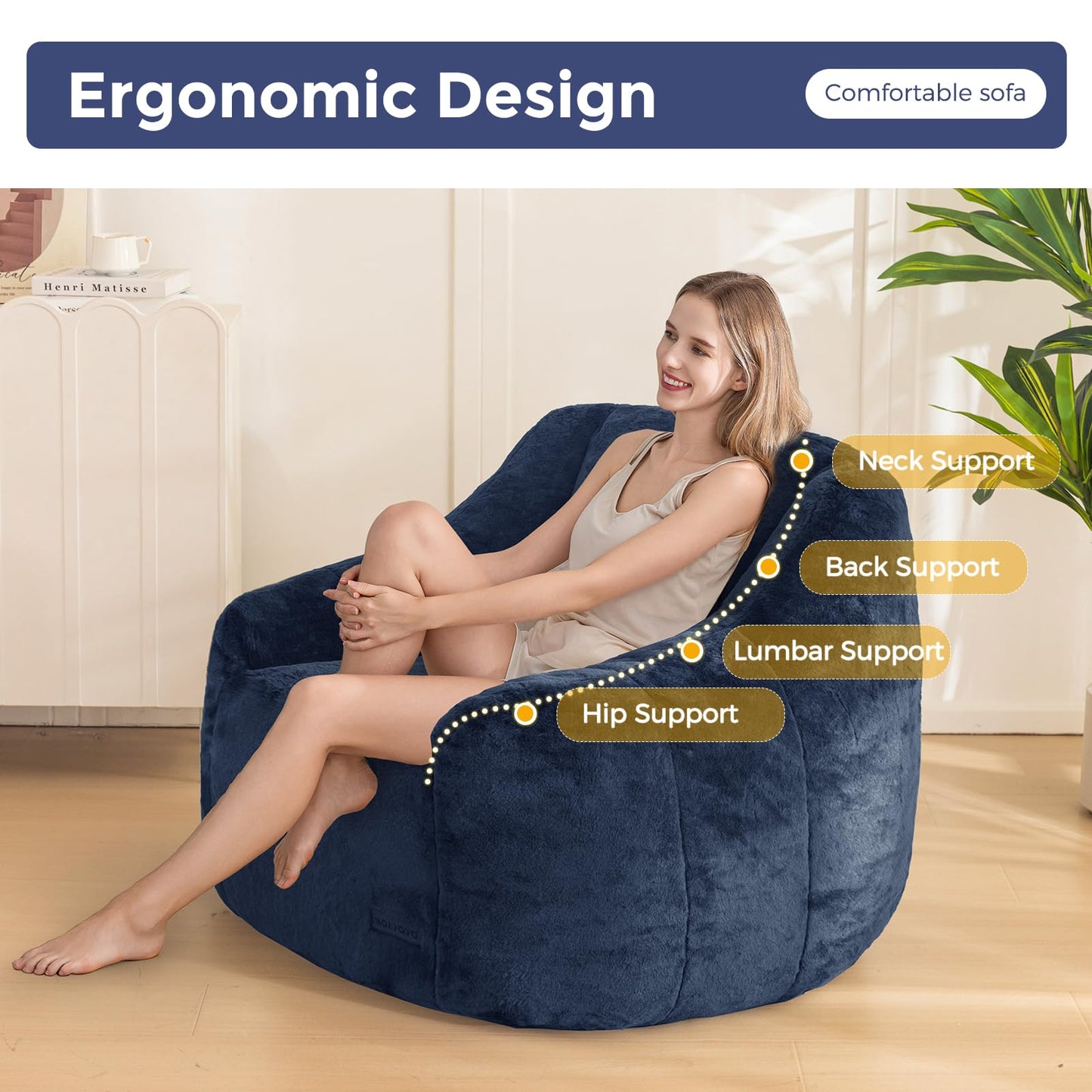 MAXYOYO Bean Bag Chair, Comfy Bean Bag Sofa with Back Support, Faux Fur Bean Bag Chair for Adults and Kids, Stuffed Floor Sofa for Living Room, Bedroom, Apartment, Navy
