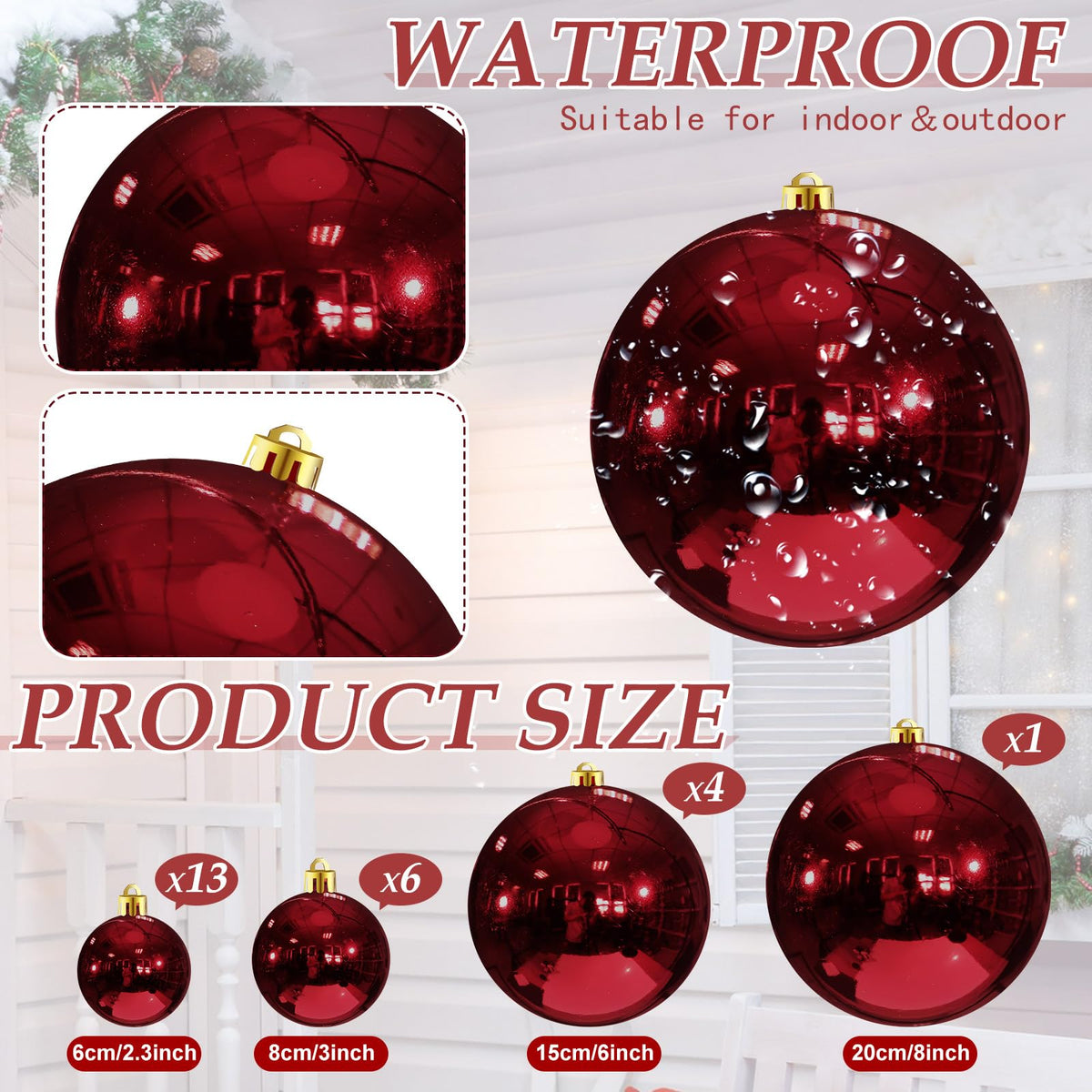 Marsui 24 Pcs Giant Christmas Balls Ornaments Extra Large Outdoor Cherry Christmas Ornament 8'' 6'' 3'' 2'' Large Xmas Balls Bulk Plastic Shatterproof for Xmas Tree Lawn Yard Porch (Frosted and Shiny)