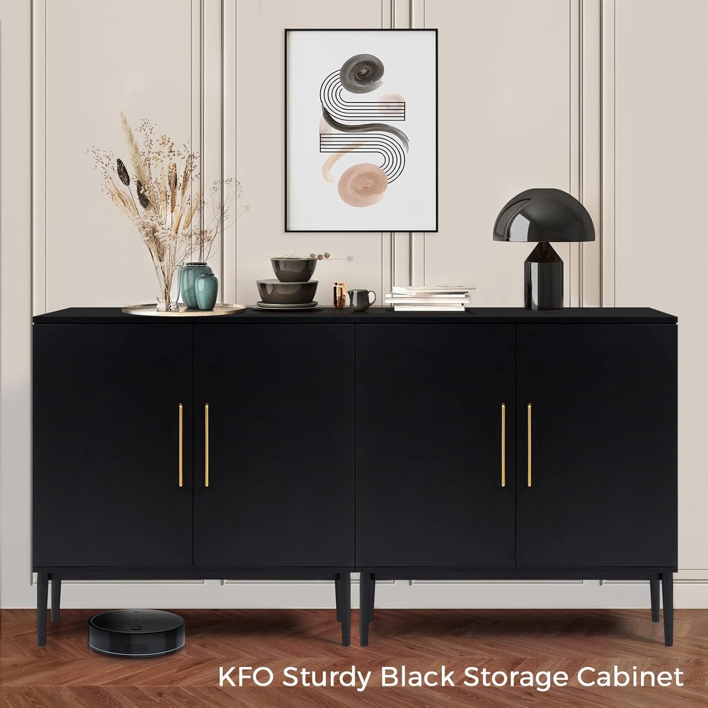 REHOOPEX Set of 2 Storage Cabinet with Doors, Modern Black Accent Cabinet, Free Standing Cabinet, Wooden Buffet Sideboards for Living Room, Kitchen, Home Office