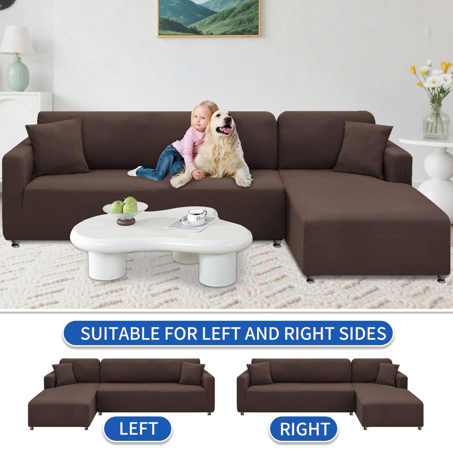 XINEAGE Sectional Couch Cover High Stretch L Shaped Sofa Cover 2 Pieces Non Slip Slipcover with Chaise Furniture Protector with 2 Pillowcases for Pets & Dogs (3 Seat Sofa + 2 Seat Chaise, Coffee)