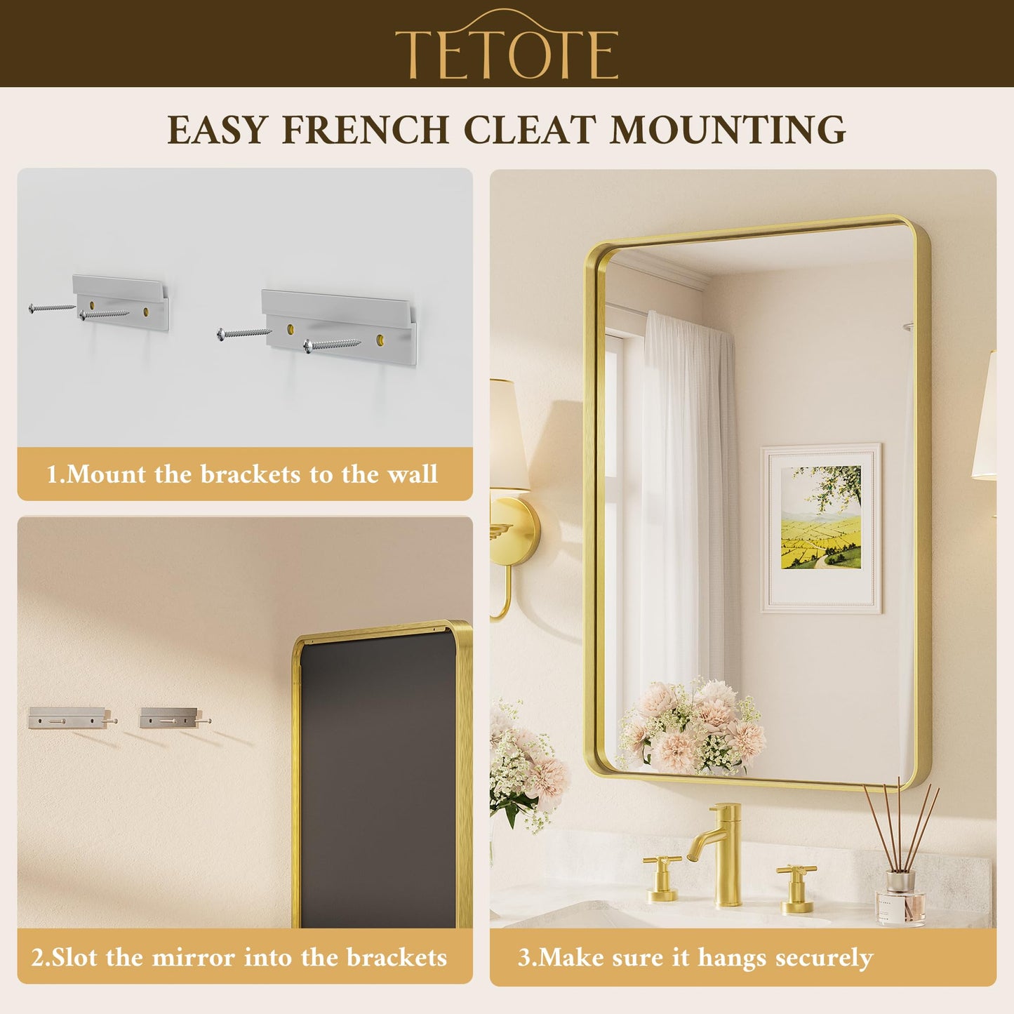 TETOTE Brushed Gold Bathroom Mirror, 24 x 30 Inch Metal Framed Mirror, Brushed Brass Rectangle Wall Mounted Golden Vanity Mirror (Horizontal/Vertical)