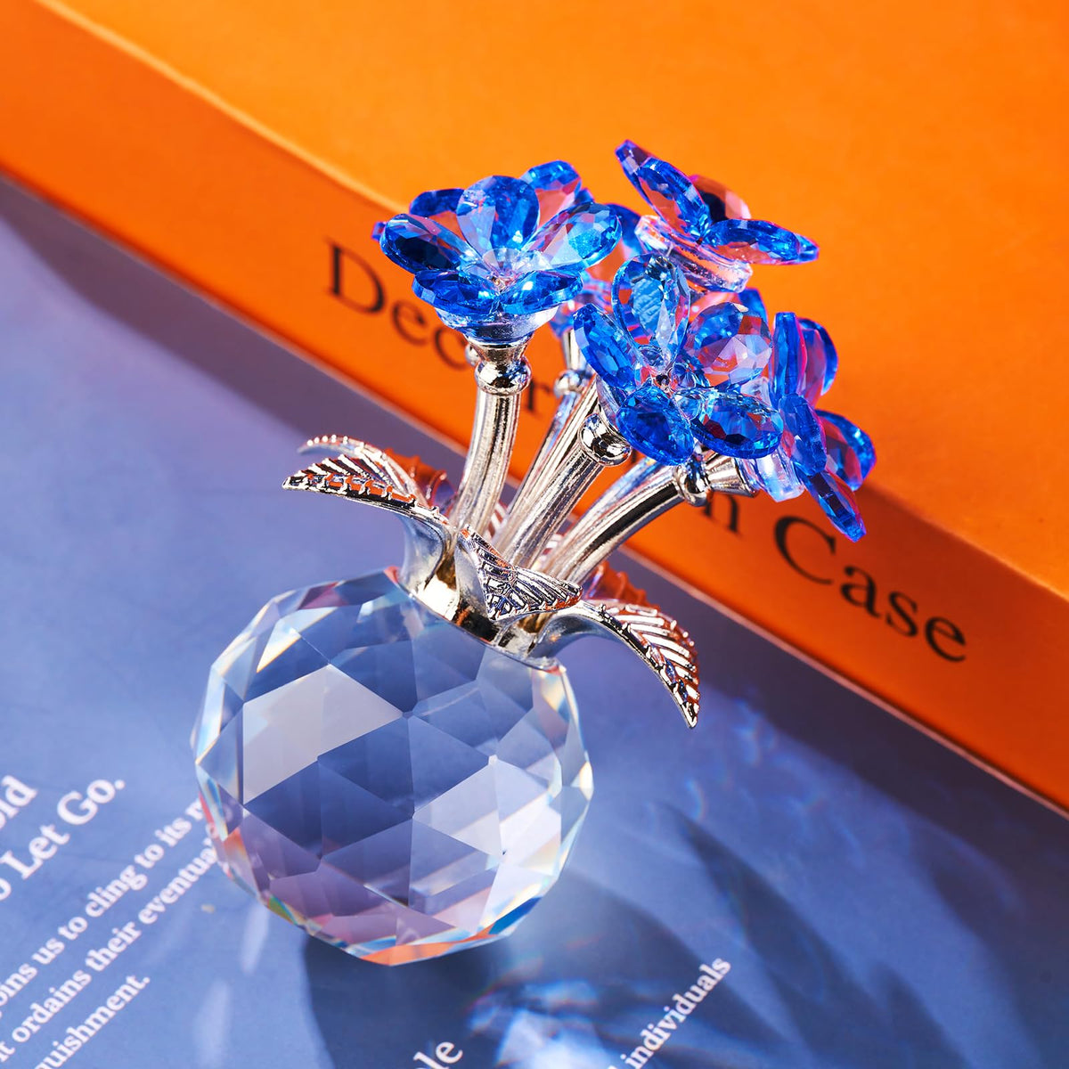 XLSJGYP Blue Crystal Flower Glass Gifts for Sister Girlfriend Women Girl Wife,Crystal Flowers Bouquet Collectible for Wedding Anniversary Mom from Daughter Son (Blue Flower 02)