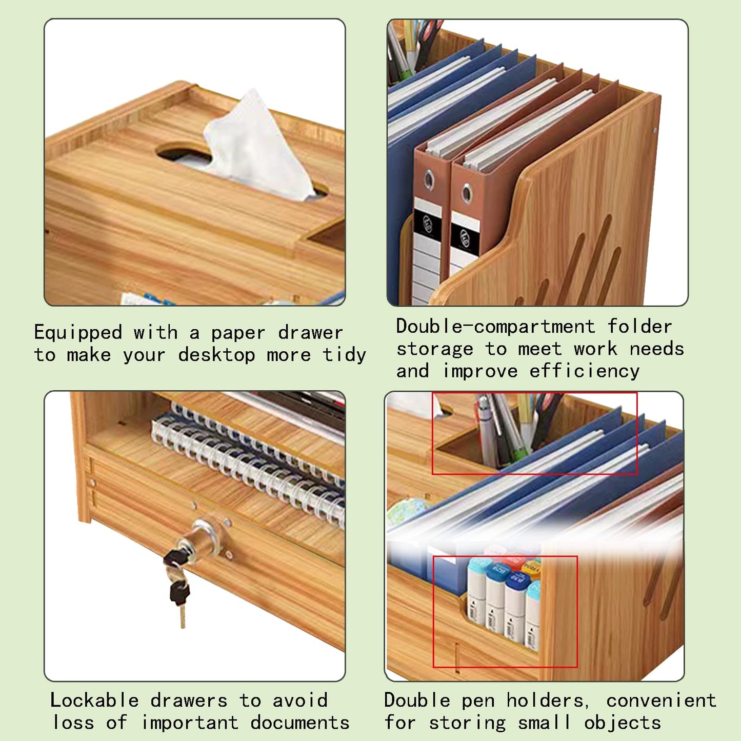 Zyners Bamboo Desk Organizer, Desktop Wood Bookshelf File Organizer, Pen Holder and Tissue Holder, 1 Drawer with lock for Office, Home, Need to Install(Cherry Wood)